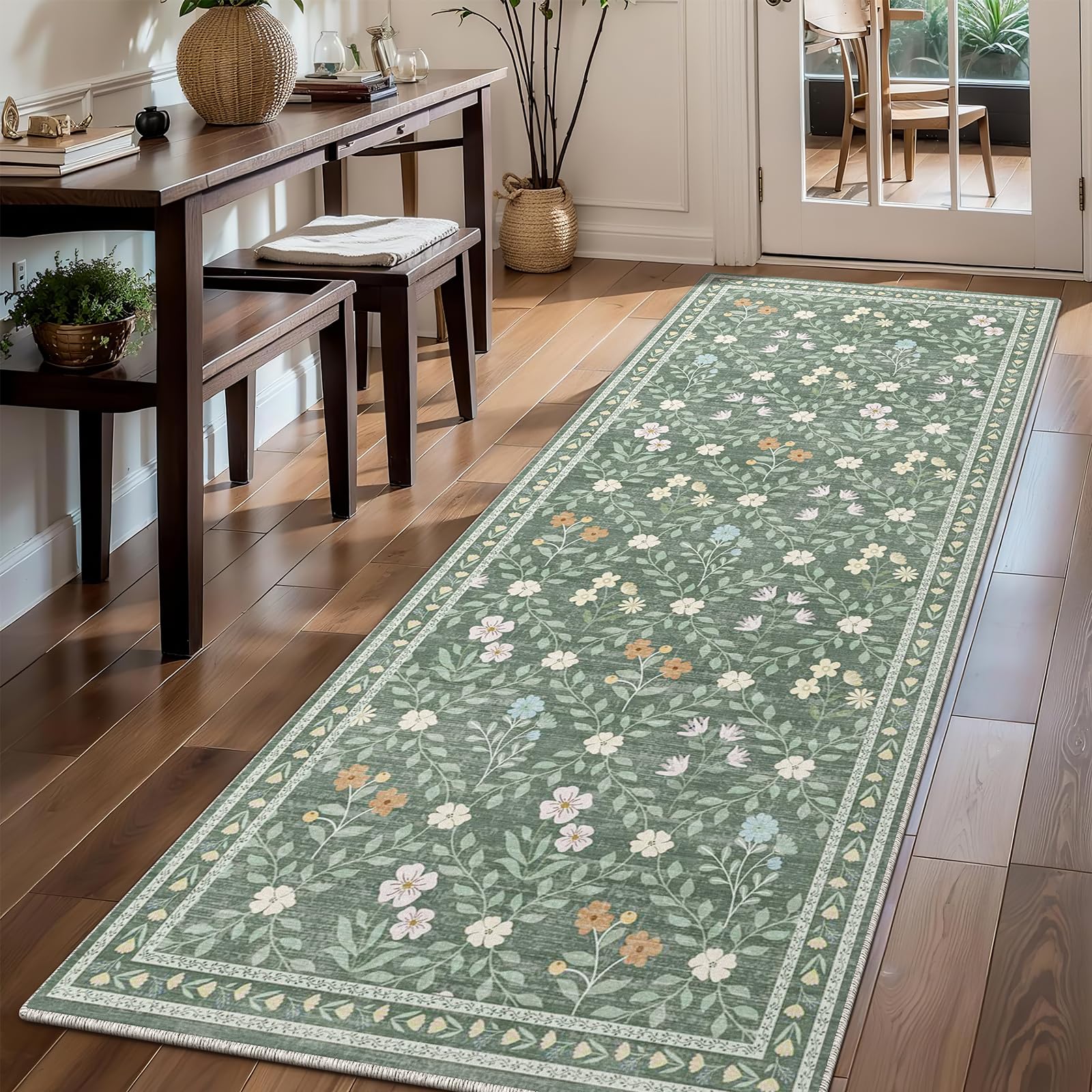 XSIVOD Floral Runner Rugs for Hallway, Washable Rugs for Entryway Kitchen Runner, Soft Vintage Area Rugs for Bedroom Living Room Rug, Non Slip Floor Carpet for Home Deocor, 60x180 cm, Green/Lattice