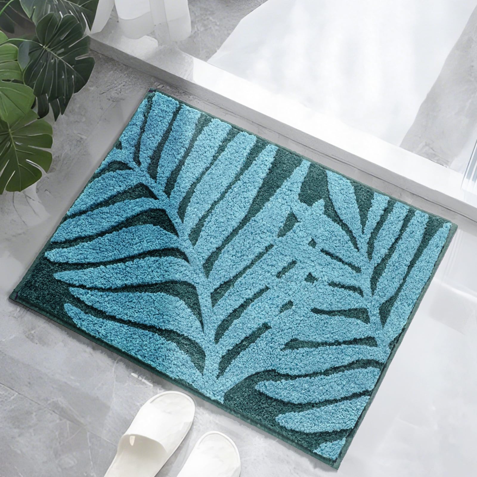 Teal Bathroom Rugs 18x24, Leaf Bath Mats, Non-Slip Washable Bathroom Runner, Plush Fluffy Soft Absorbent Microfiber Bath Rug for Sink Basin Bathtub