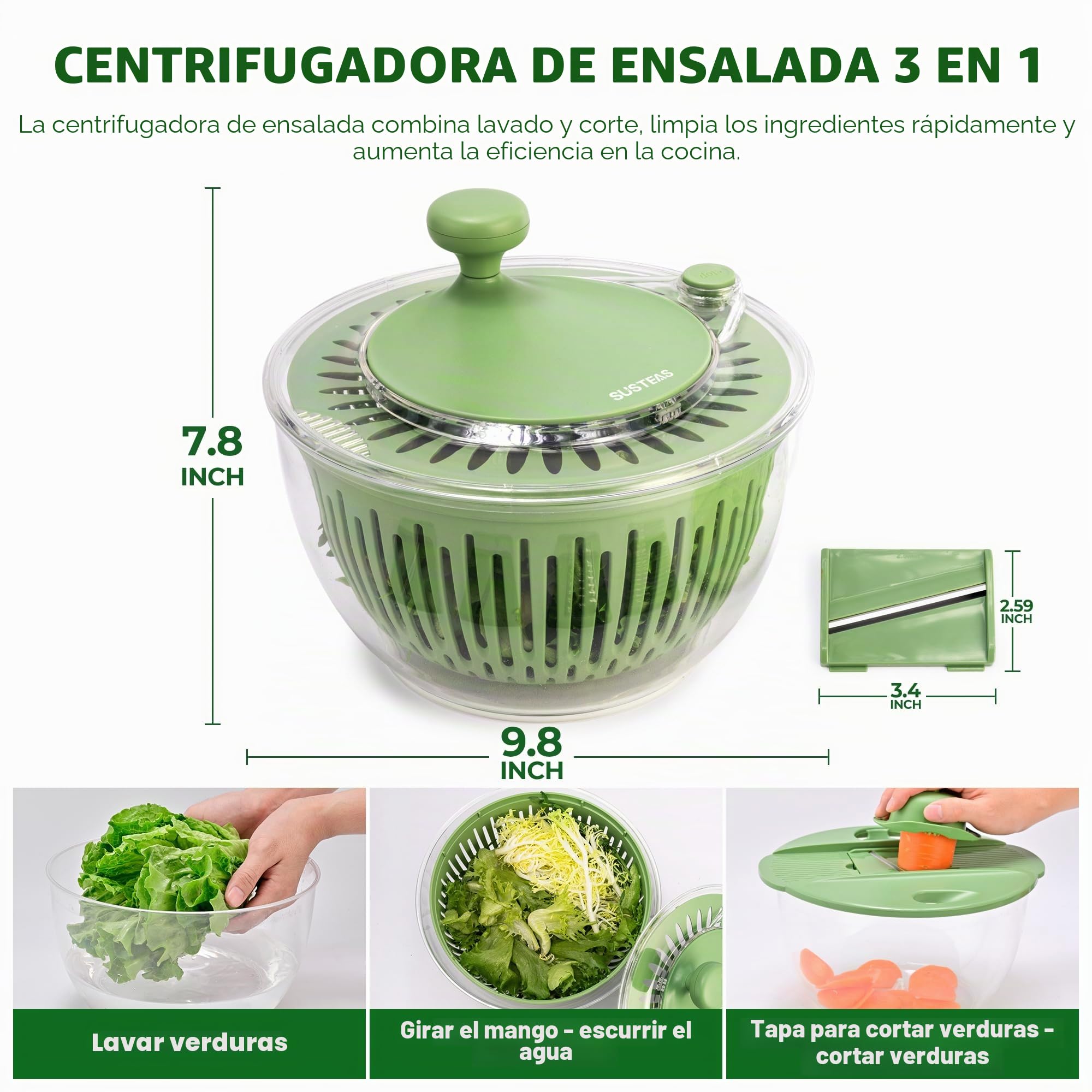 SUSTEAS Centrifugadora para Ensalada 4.25L, Bol Lavado Verduras/Frutas, Secador Hierbas con Tapa Cortadora 5 Cuchillas y Separador Yemas, Libre de BPA