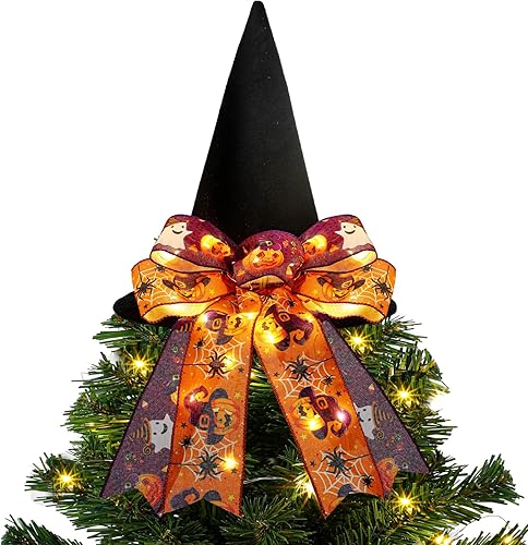 Xtinmee Sombrero para decoración de árbol de Halloween, sombrero de bruja de Halloween para árbol, sombrero grande de terciopelo negro con lazo LED,