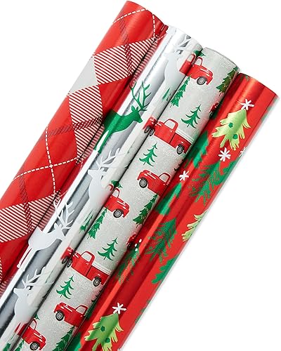 Miniatura 7 de American Greetings Paquete de papel de regalo de Navidad reversible de 120 pies cuadrados, rayas, lunares, cuadros, renos, camiones y árboles (4