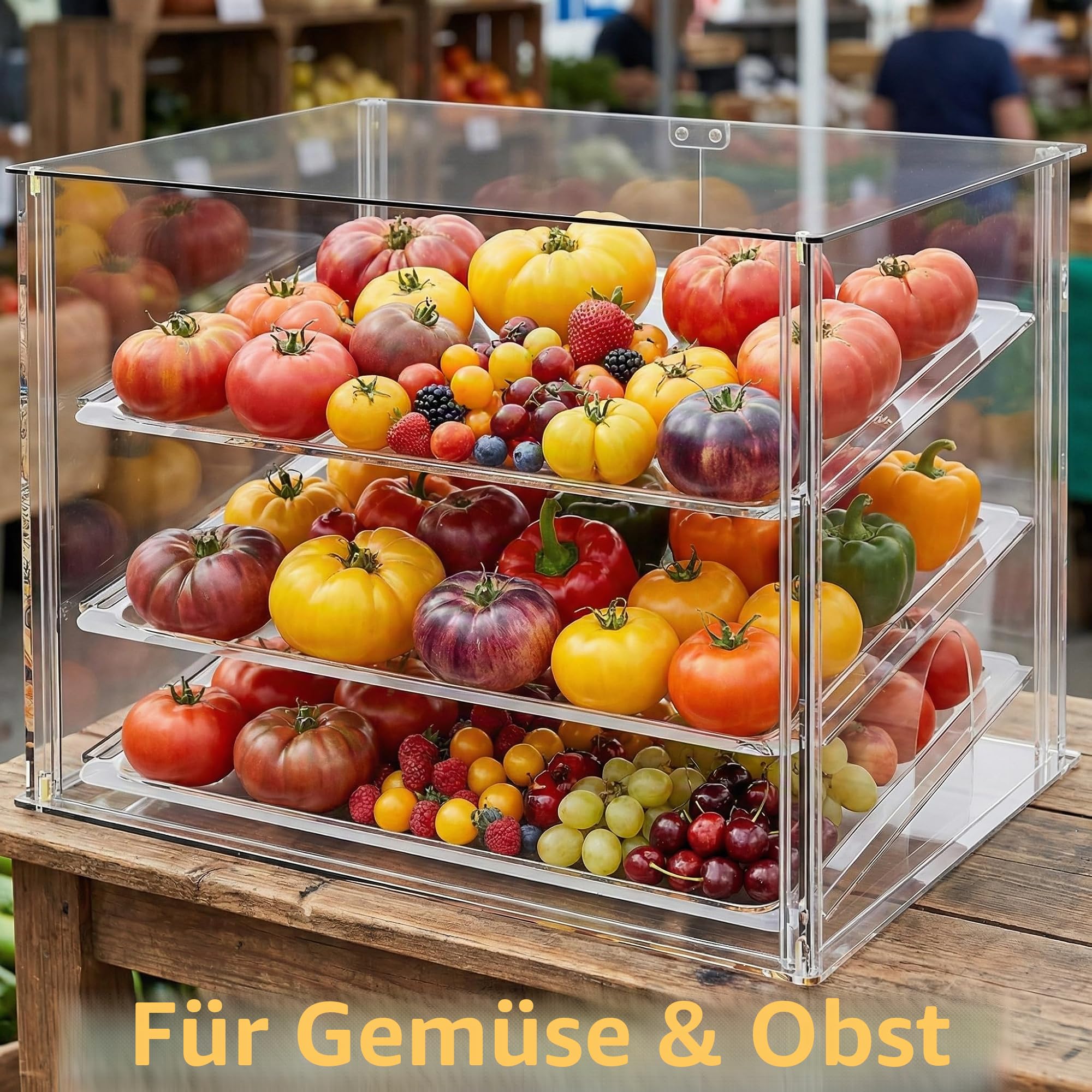 Bäckerei-Vitrine mit 3 Ablagen und magnetischen Hintertüren, 52,8 x 40,1 x 42,9 cm, Acryl-Gebäckvitrine mit abnehmbaren Tabletts und Stahlzange, Lebensmittelvitrine für Donut-Brotkuchen