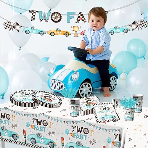 Miniatura 4 de 142 piezas de vajilla de fiesta de cumpleaños rápida para niños, banderas azules de carreras a cuadros, platos desechables, mantel, servilletas,
