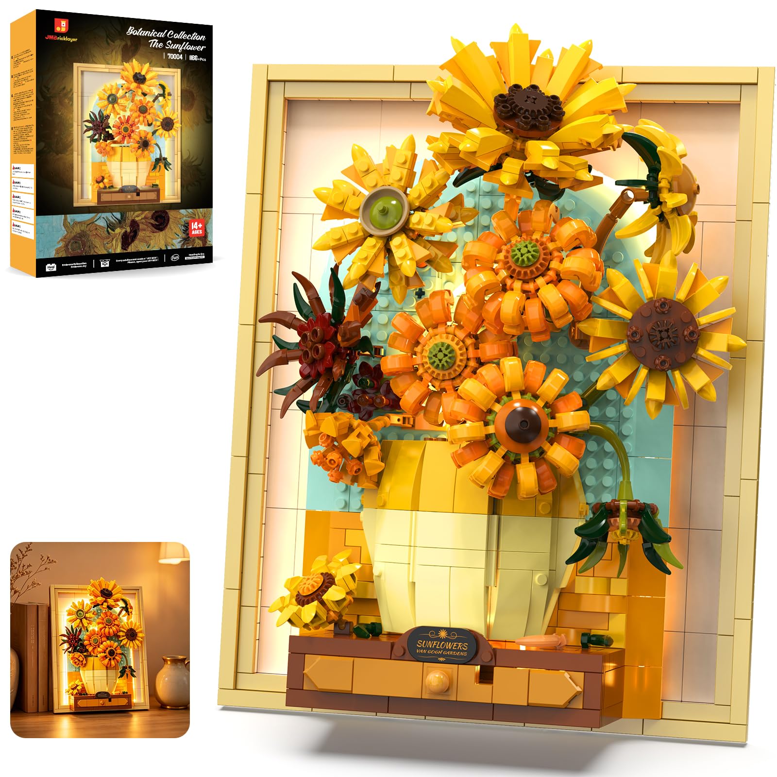 JMBricklayer Juego de construcción de flores de girasol para adultos con luces 70004, Van Gogh, ideas de arte de pared, ramo de flores, marco de pintura para decoración de habitación, ideas de regalos