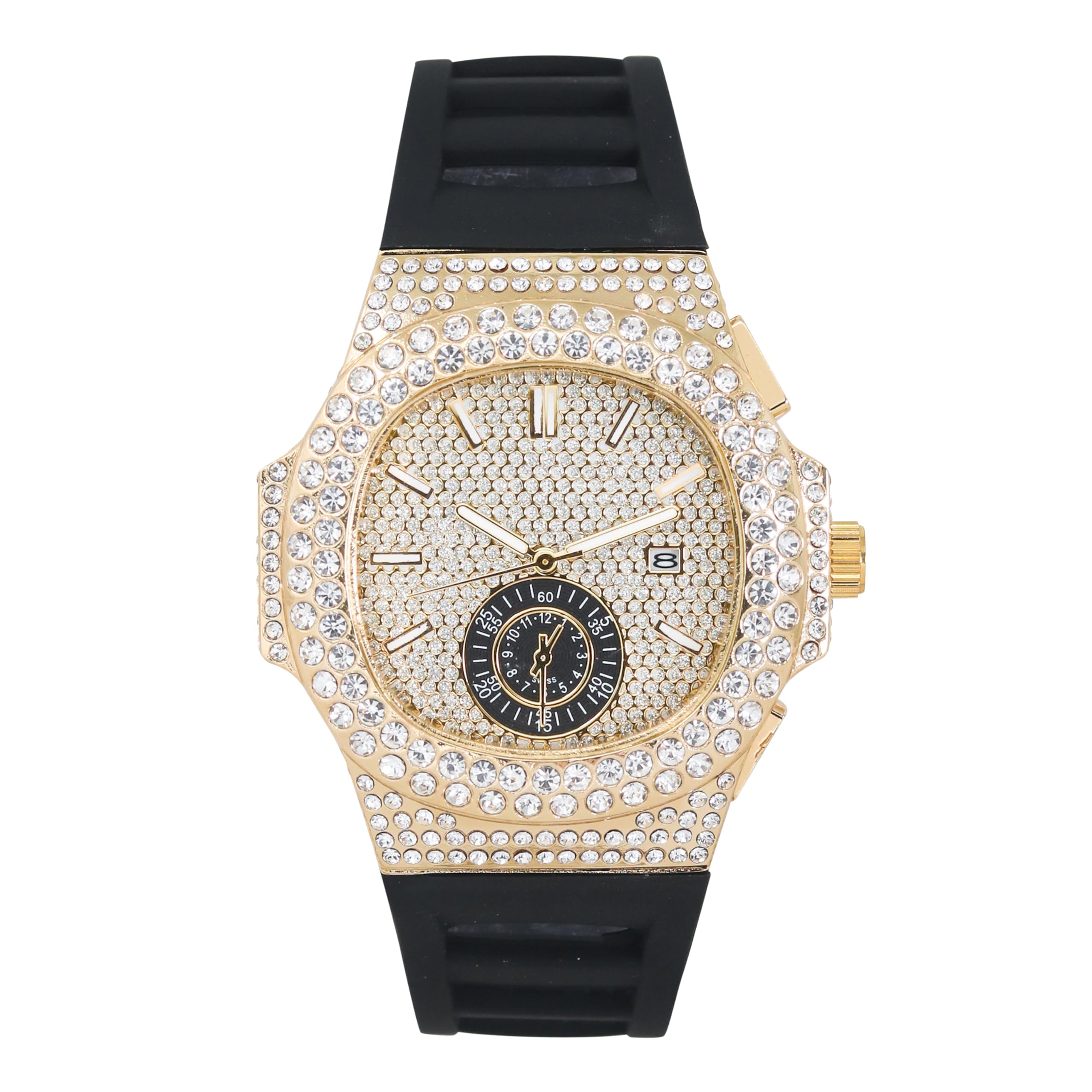 Techno Pave Men's 43mm Silicone Band Watch - Iced Out Oblong Bezel - Quartz Movement - Gold Black Finish