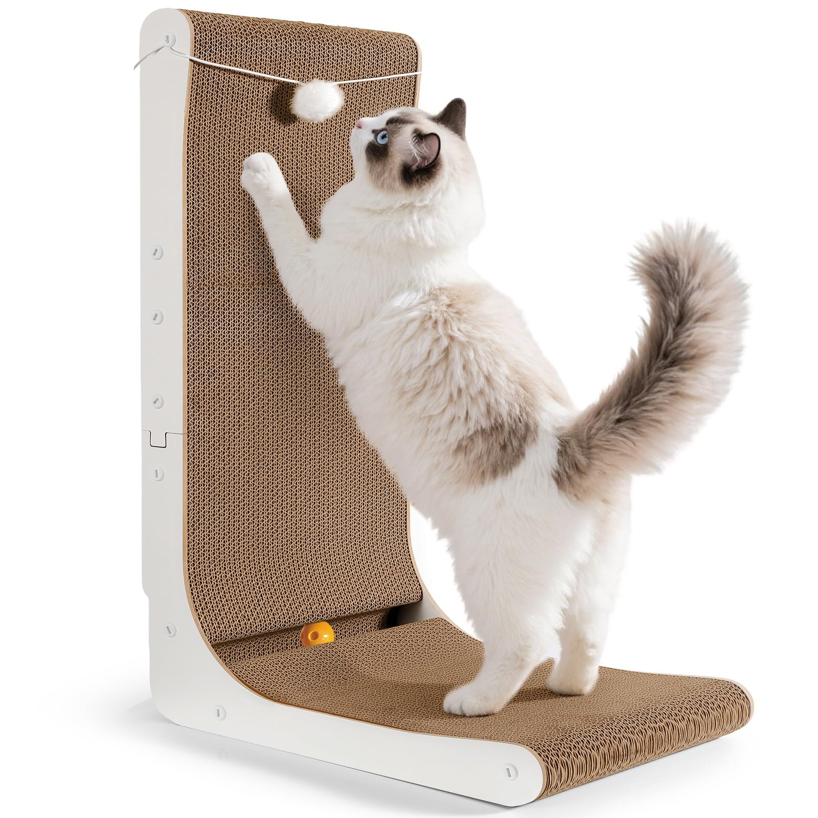 Gimars Thickened L Shape 68cm Cardboard Cat Scratcher with Bell Ball, Cat Scratching Board Wall Mounted, Cat Scratch Pad Toys for Protecting Furniture