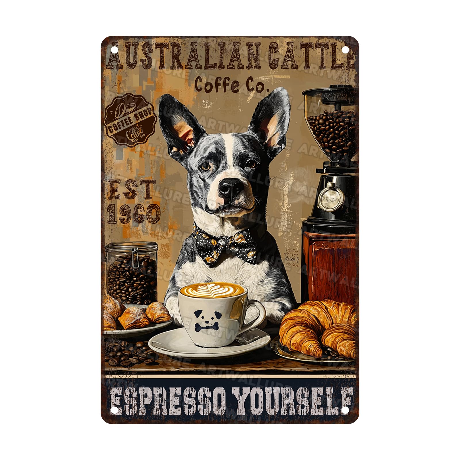 Australian Cattle Dog Coffee Vintage Metal Sign Dog Coffee Wall Decor for Kitchen Cafe Bar Living Room Decoration 8x12inch