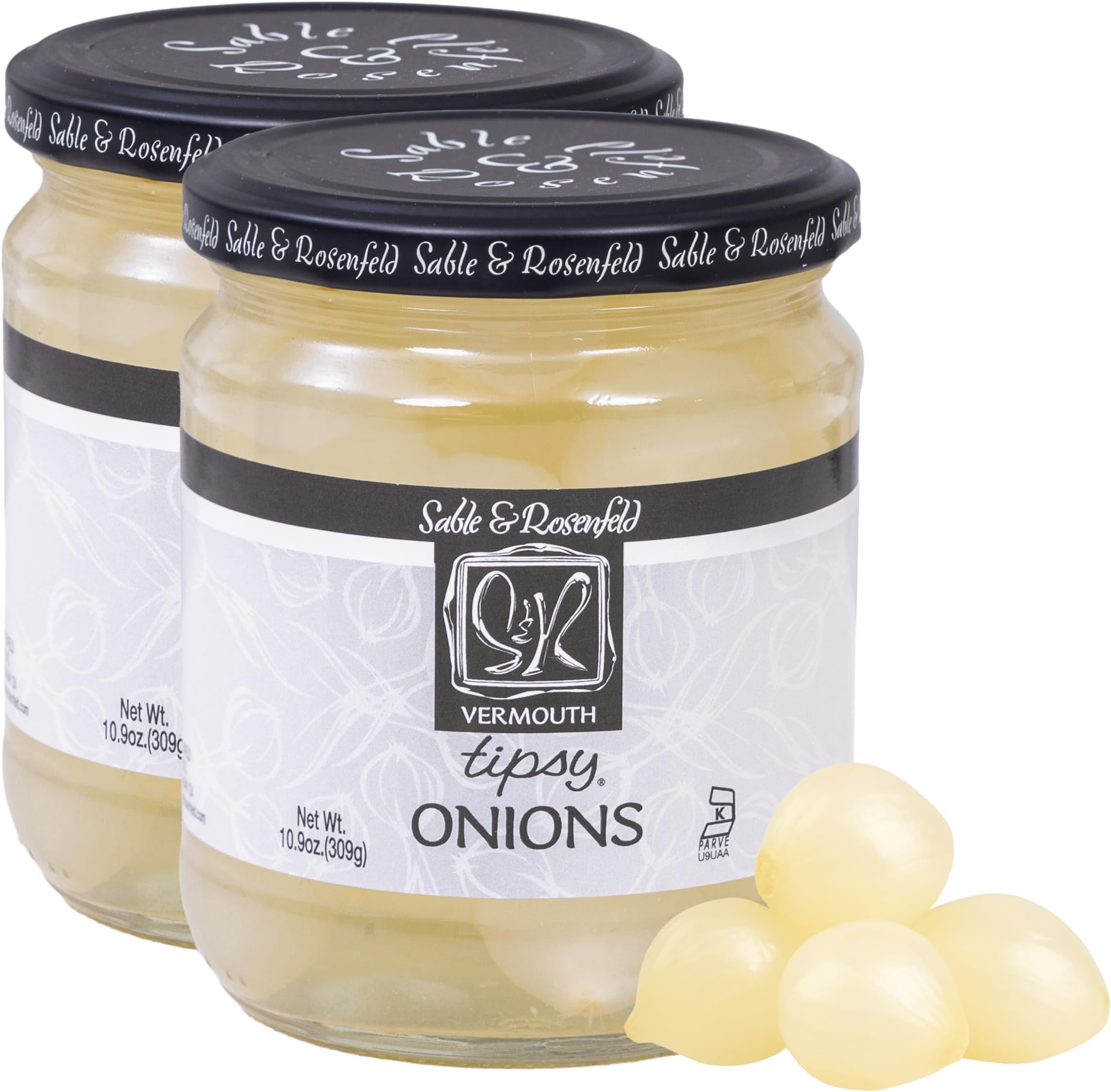 Sable & Rosenfeld Vermouth Tipsy Onions, 10.9 oz (Pack of 2), Gourmet Pickled Silverskin Cocktail Onions in Jar, Kosher, Gluten-Free Martini Garnish
