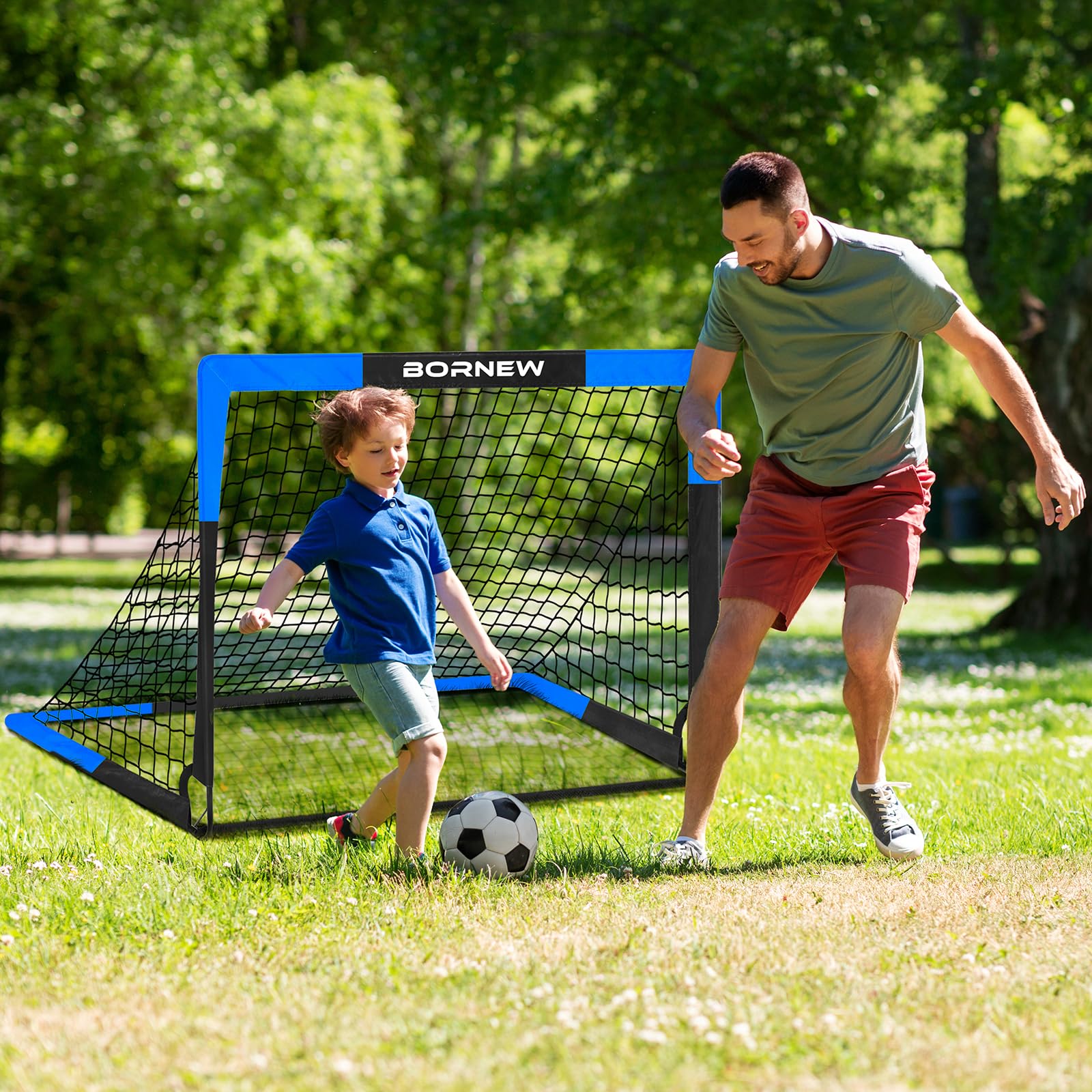 BORNEW Paquete de 2 porterías de fútbol para patio trasero e interior para niños, 7 x 5, 6 x 4, 4 x 3 pies, redes de fútbol portátiles para jóvenes y adultos, juegos al aire libre, equipo de