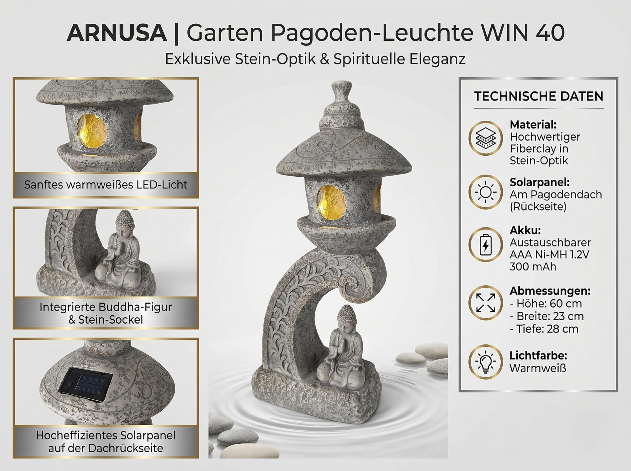 Arnusa Lampe solaire de jardin pagode 60 cm - Lampe de jardin LED aspect pierre avec Bouddha - Blanc chaud - Lanterne solaire pour jardin, terrasse et étang