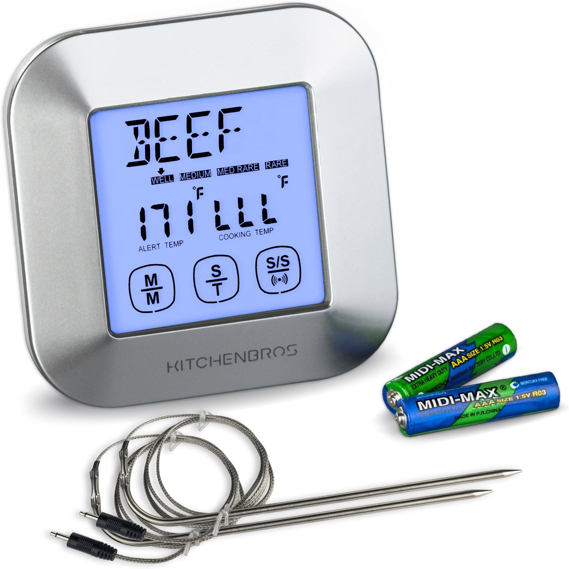 Digital Food Thermometer Instant Read For Cooking Meat BBQ Turkey And Steak Grill Oven Smoker Safe With Alarm Timer 2 Stainless Steel Probe AAA Batteries Included