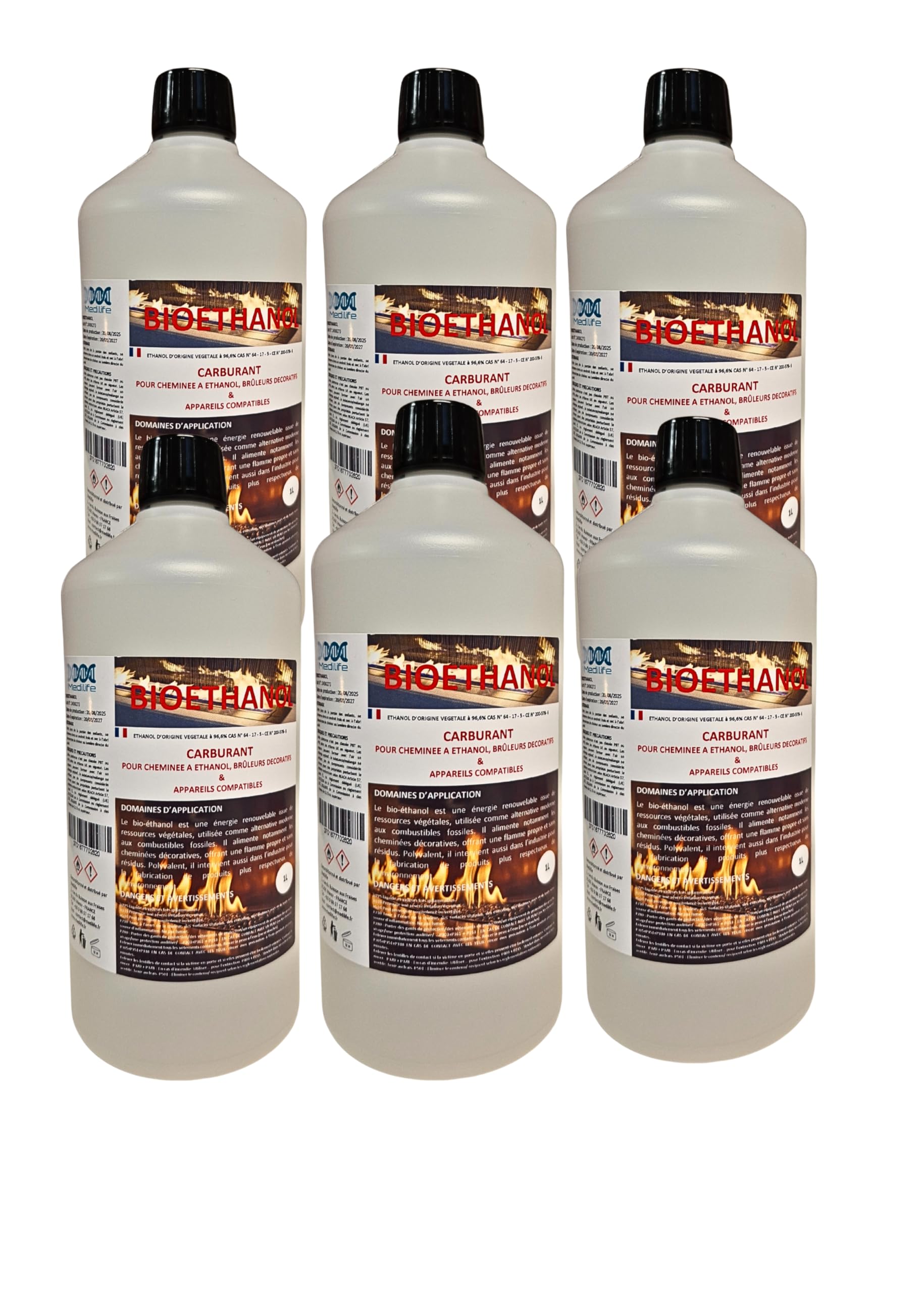 Bioéthanol 1L X 6 – Combustible Écologique Premium pour Cheminée Poêles en Acier InoxydableI –Liquide– Flamme Propre, sans Odeur ni Fumée – Ressources Végétales – Haute Performance (1Lx6)