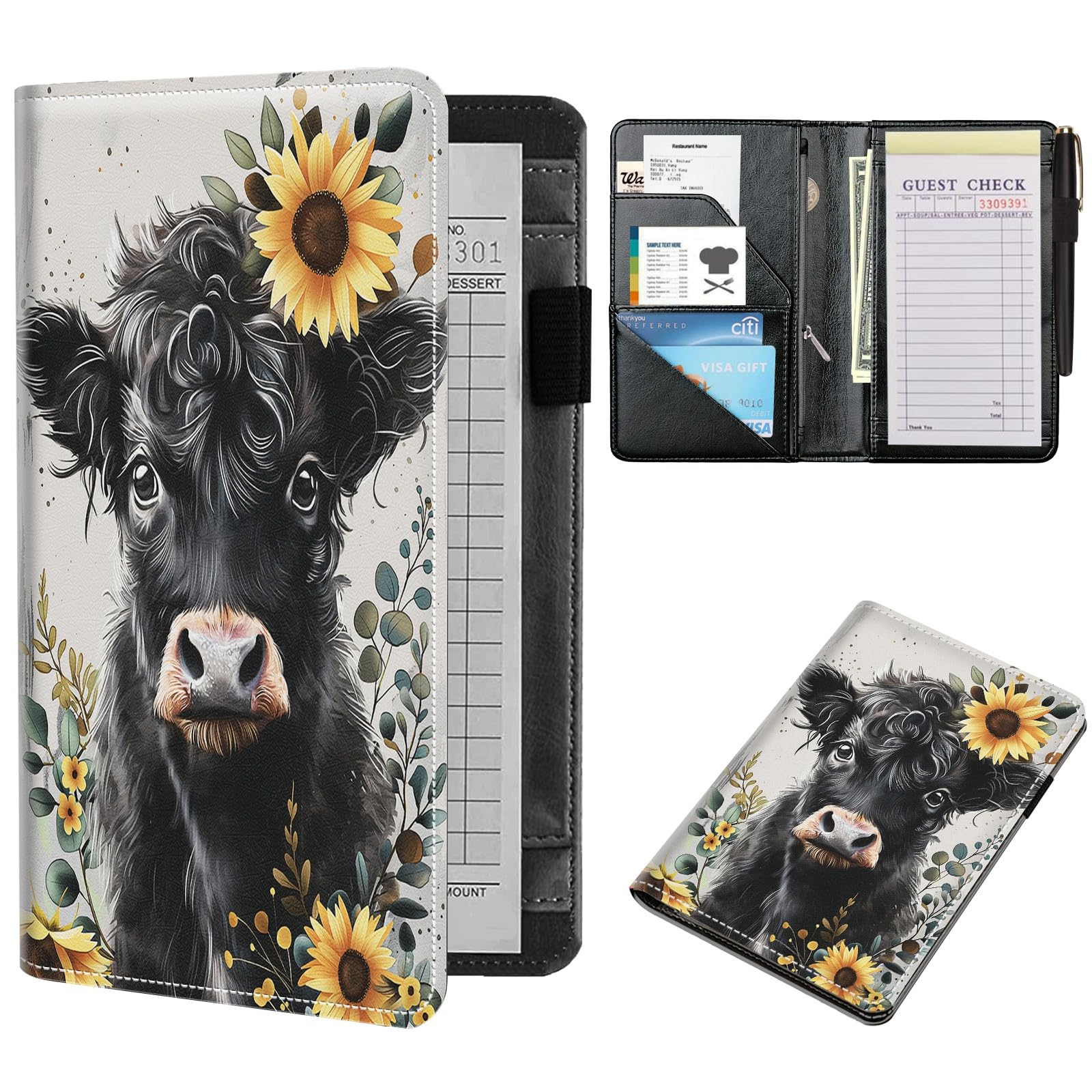 NLZQTTBD Server Books for Waitress Cute Waitress Book PU Leather Server Book with Zipper Wallet Black Serving Book Organizer Fit Server Apron,Cute Baby Highland Cow