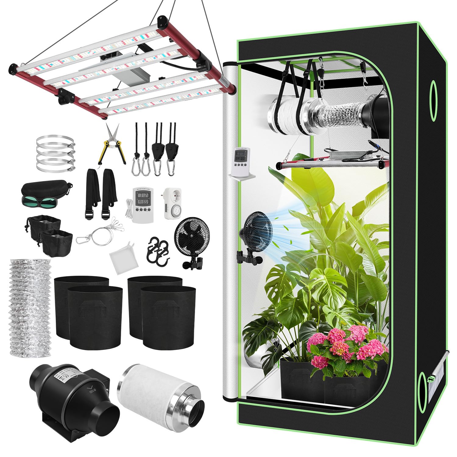 Tente de Culture - Kit Complet - 100 x 100 x 200 cm - Lampe LED Pliable - 240 W - Système de Ventilation à Complet - Tente hydroponique d'intérieur