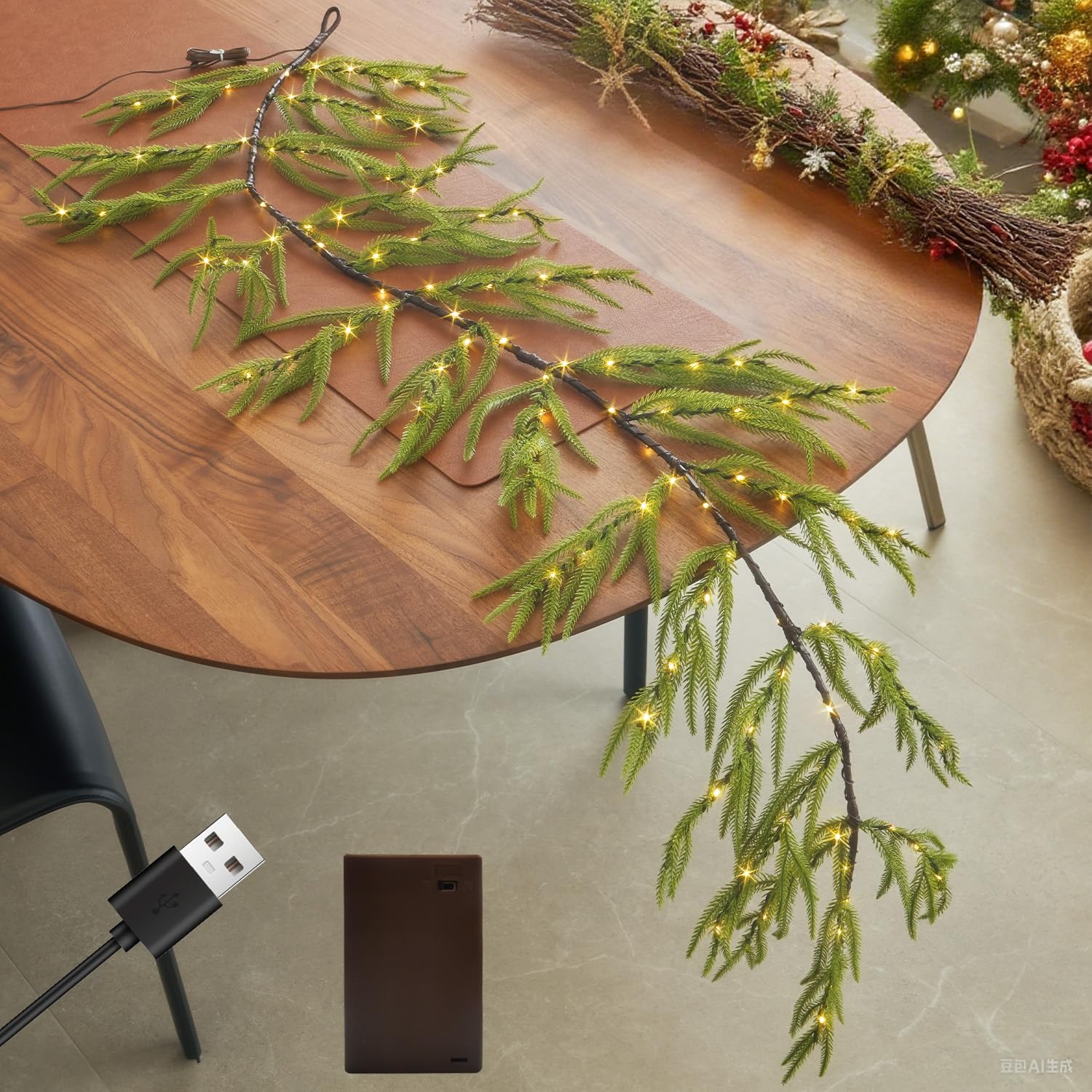Fudios Beleuchtete Norfolk-Kiefergirlande mit Timer, Girlande mit Lichtern, 1,8 m, USB-betrieben und batteriebetrieben, 110 LED-Lichterkette für Kaminsims, Kamin, Weihnachtsdekoration