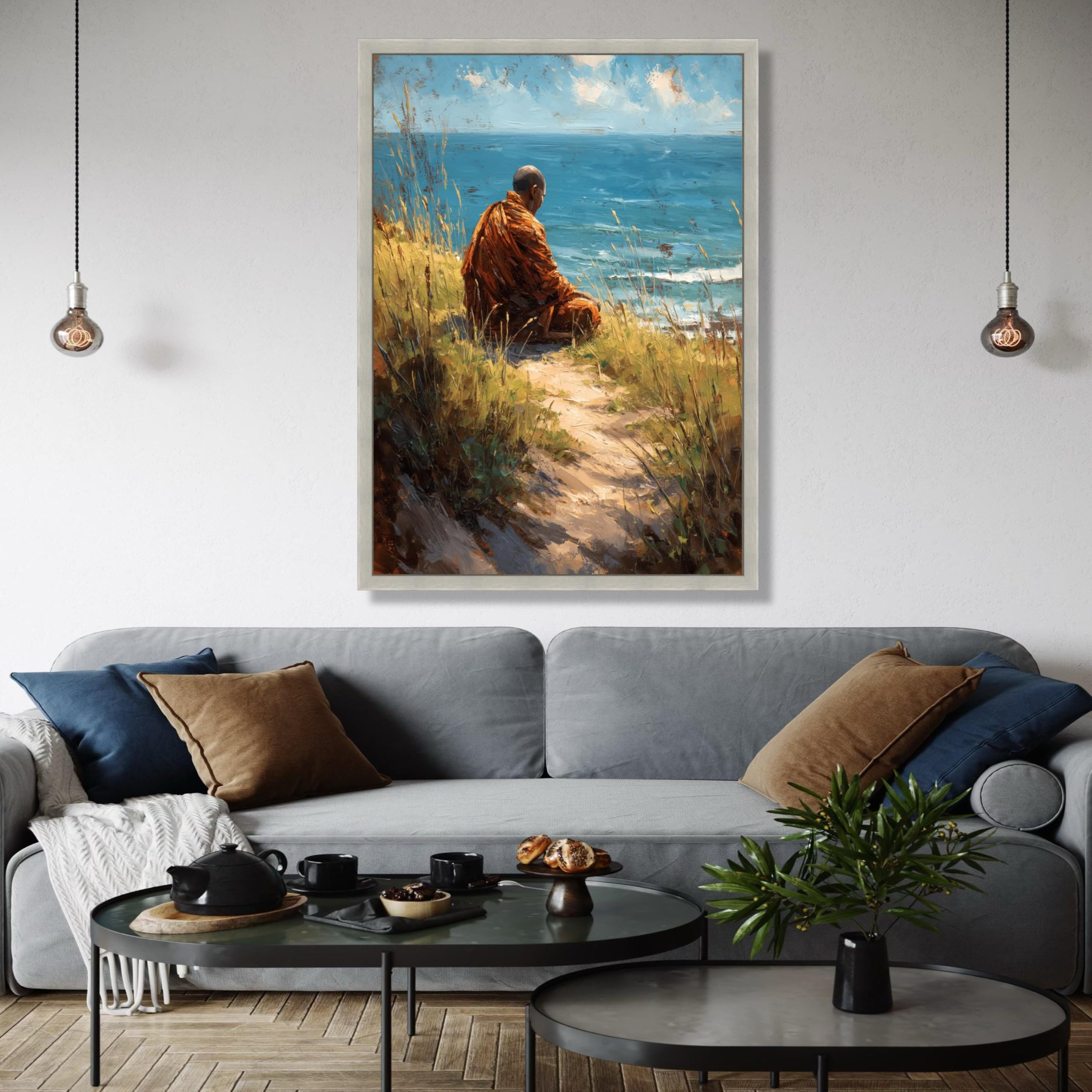 YUSUZHU Stampa su tela Monaco meditativo di Ocean, paesaggio marino, dipinto sulla natura spirituale, poster costieri, decorazione per la casa (60x90 cm/cornice interna)