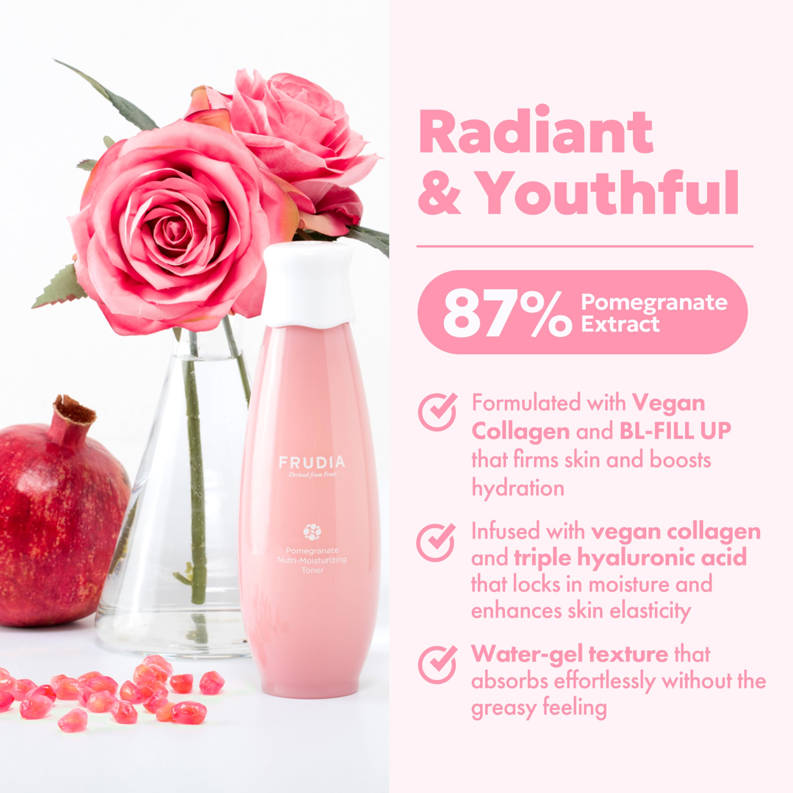 Tónico facial nutri-hidratante de granada (6.59 onzas líquidas), tóner coreano reafirmante para la piel con extracto de granada, BL-Fill UP, colágeno y triple ácido hialurónico para 2