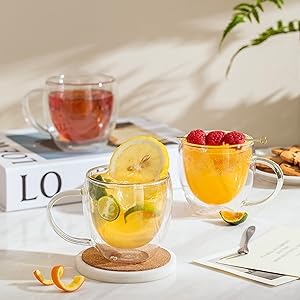 CNGLASS 8.5oz Glass Coffee Mug,Double Wall Insulated Glass Mugs with Handle,Clear Espresso Mugs for Latte,Cappuccino,Tea Bag,Set of 4