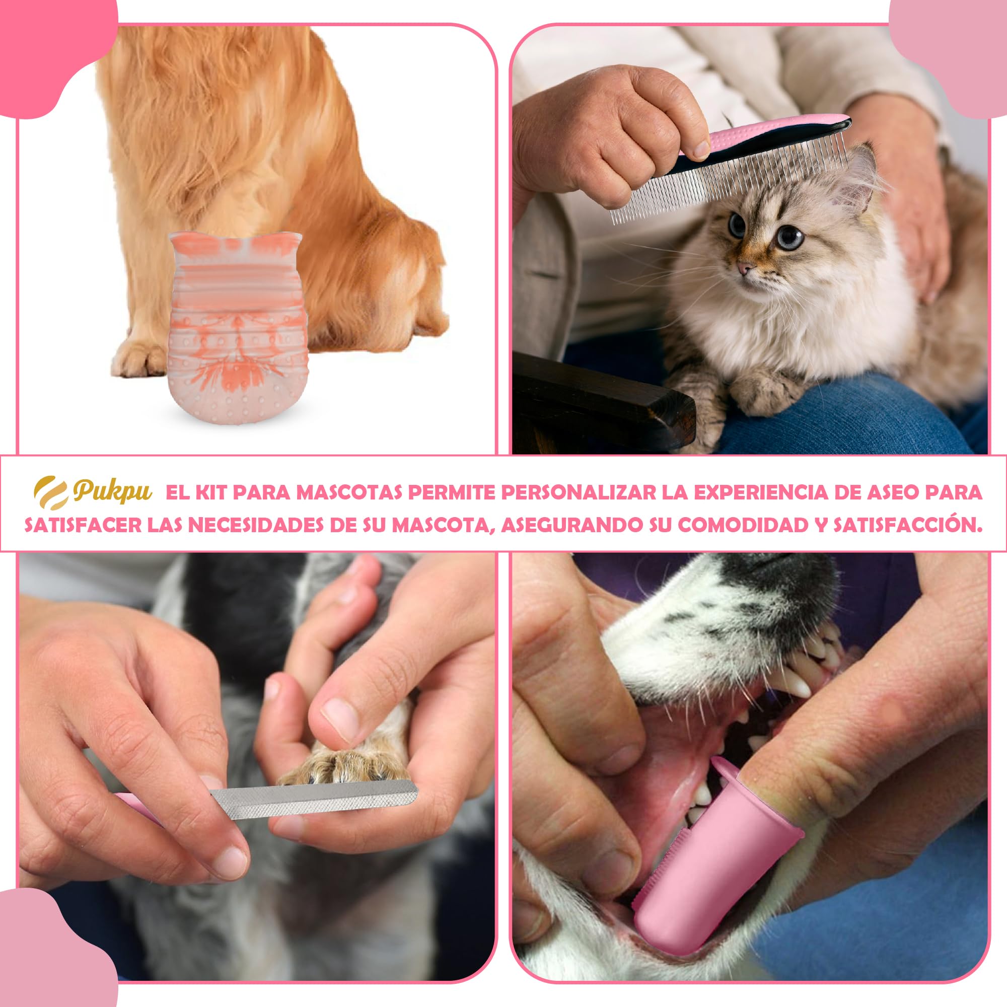Kit de Aseo para Mascotas 9 Piezas Rosa – Cepillo Gato Pelo Corto, Deslanador Perros, Guante Quitapelos, Limpia Patas, Cortaúñas Gato, Peine y Cepillo Dental
