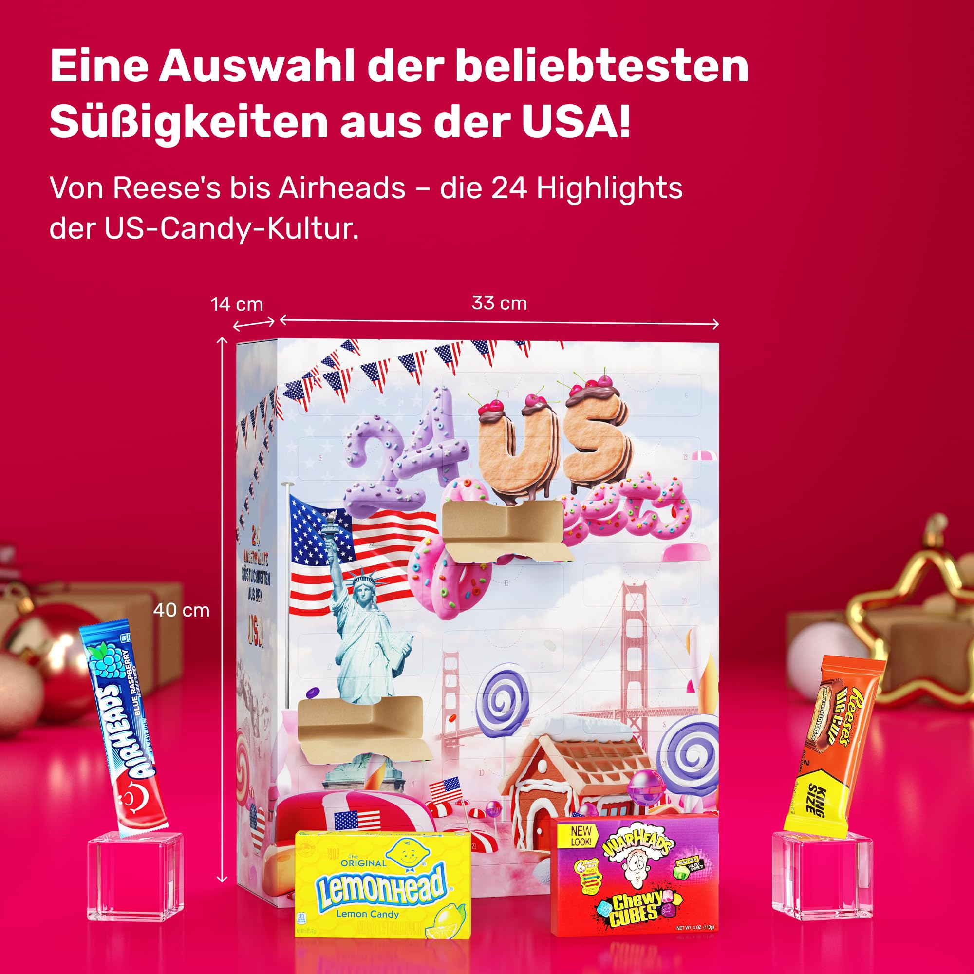 BOXILAND® USA Adventskalender 2025 mit Amerikanischen Süßigkeiten [ORIGINAL US CANDY] - für Kinder, Frauen & Männer - US Sweets Adventskalender - USA Süßigkeiten