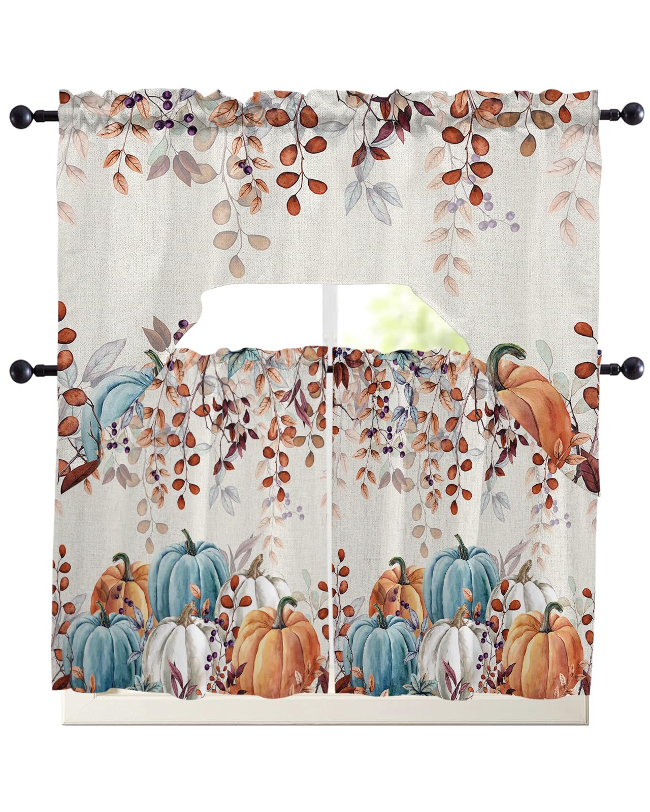 Fall Thanksgiving Kitchen Curtains Sets 24 Inch Length with Valance, Blue Orange White Pumpkin Swag Valances for Windows and Tiers Curtain Set, Eucalyptus Leaves Drapes for Living Room, Cafes