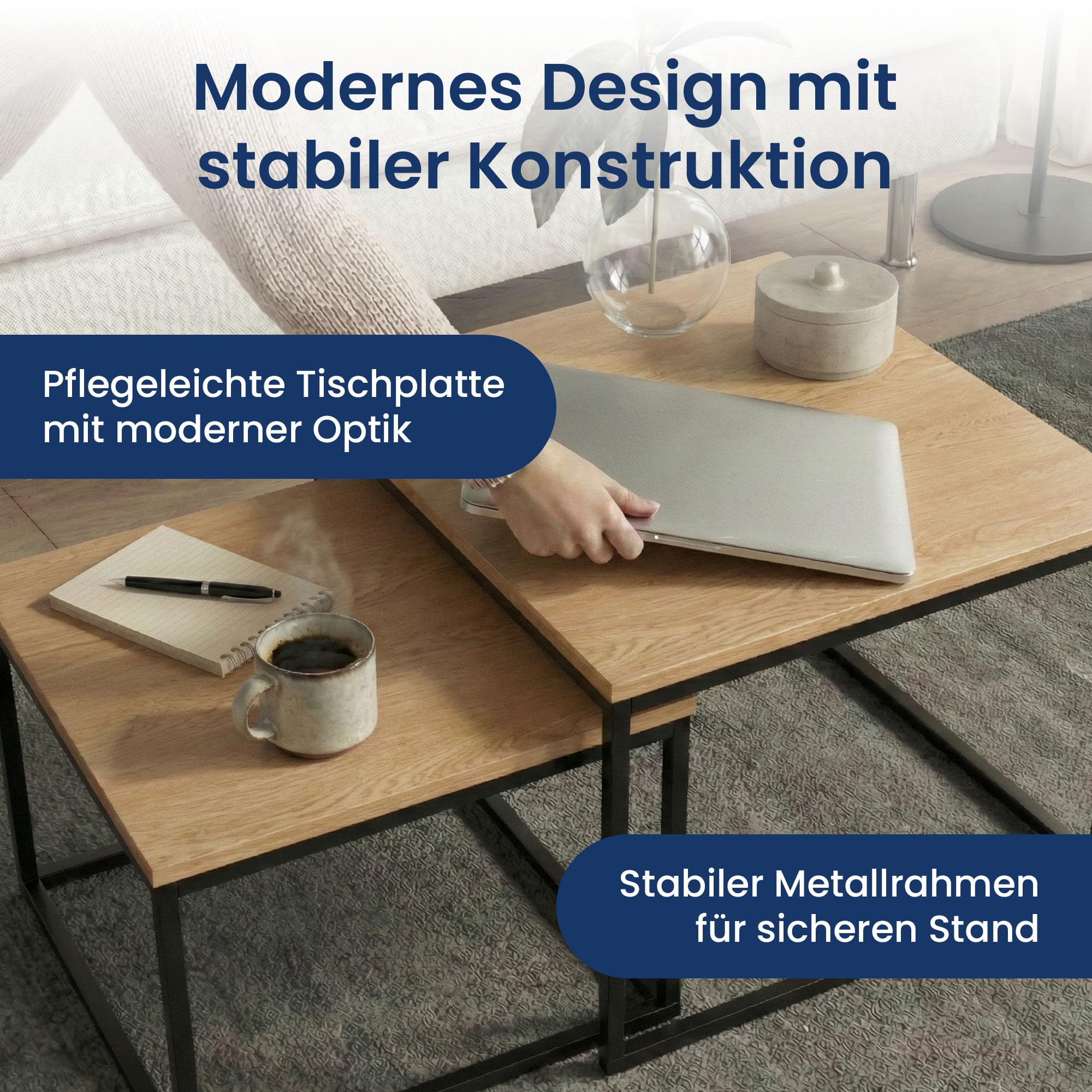 Home Collective Couchtisch 2er Set quadratisch aus Holz, Wohnzimmertisch Modern, Beistelltisch Set 2 in 1 mit Metallgestell für Wohnzimmer Büro Beistelltisch Loft Design Twin | Eiche hell