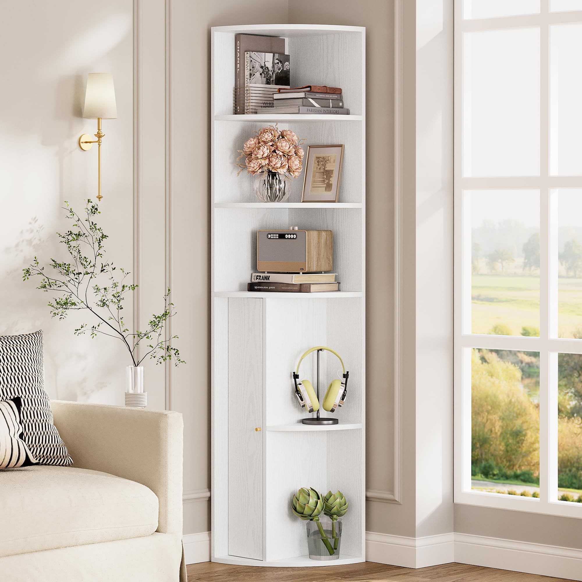 IRONCK 71" Tall Corner Bookshelf and Bookcase with Doors, 5-Tier Corner Shelf, Freestanding Display Storage Shelves for Bedroom, Living Room, Office,