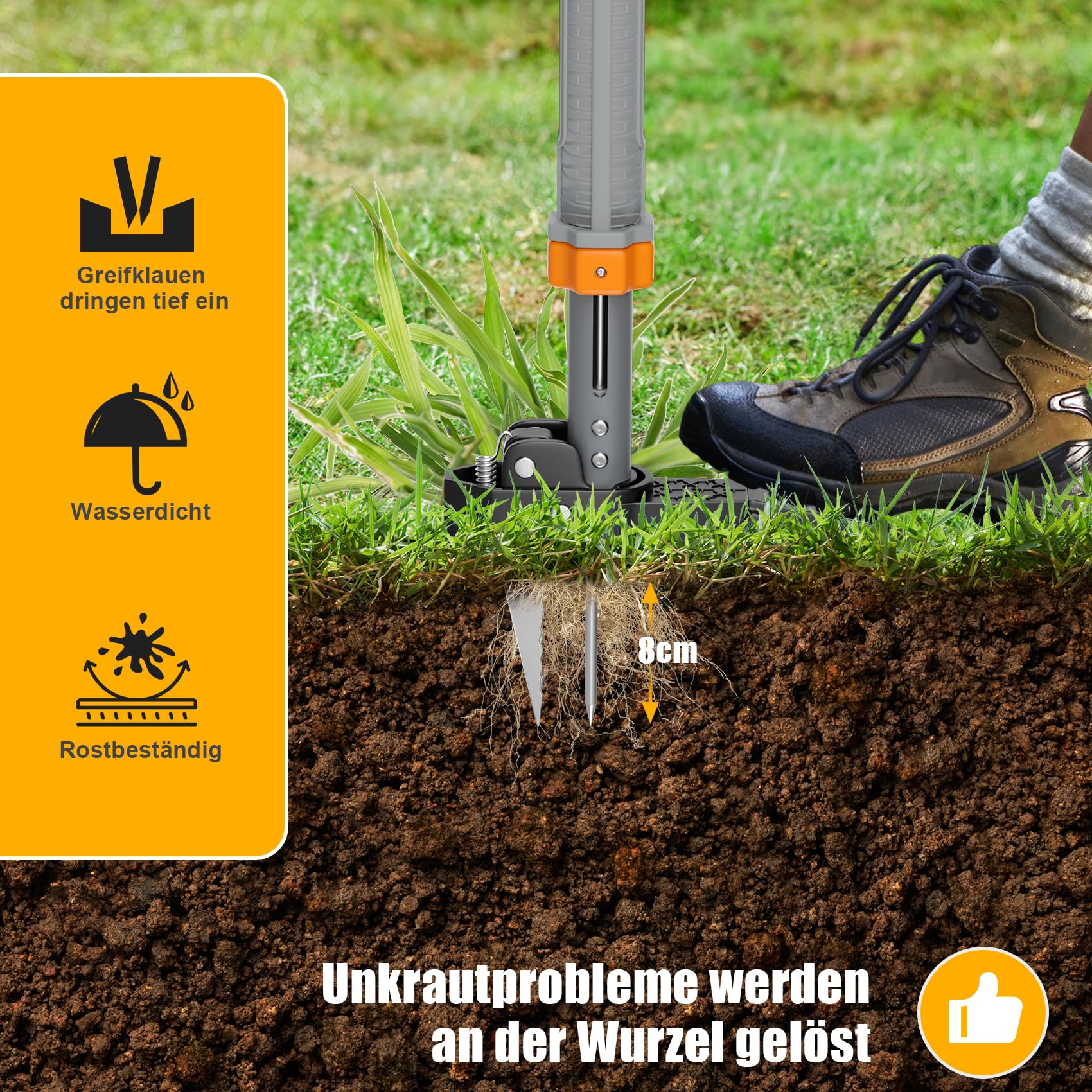 Stand-Up Unkrautstecher mit Teleskopstiel (98–117 cm), 4 Edelstahl-Krallen & automatischer Rückstellung, Unkrautentferner ohne Bücken, inklusive praktischer Gartentasche