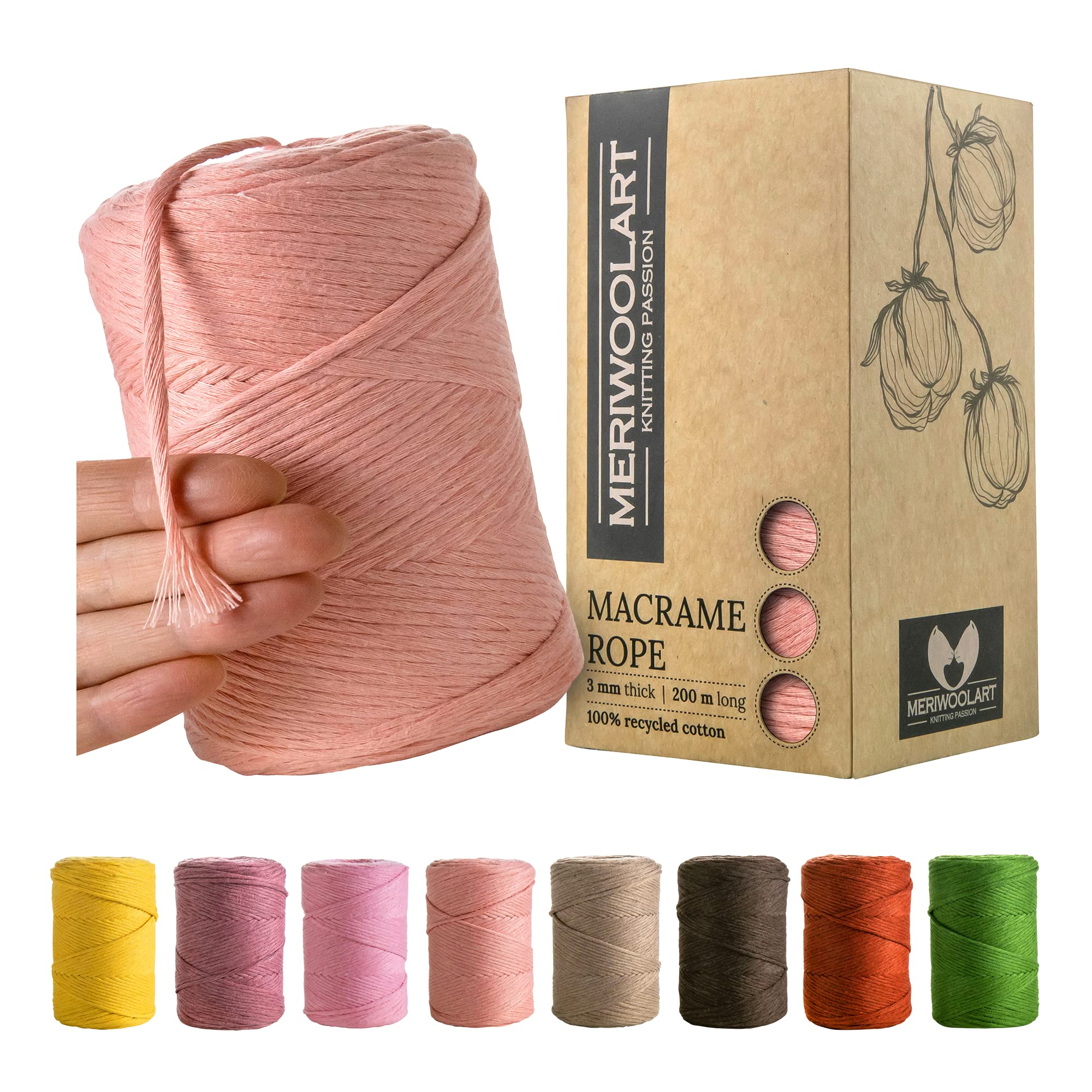 MeriWoolArt Macrame Yarn Light Pink - Macrame Yarn 3 mm Coloured 200 m - Super Soft Yarn, Single Twist Macrame Cord - Oeko-Tex 100% Recycled Cotton Yarn Coloured - DIY Boho Decorative Macrame