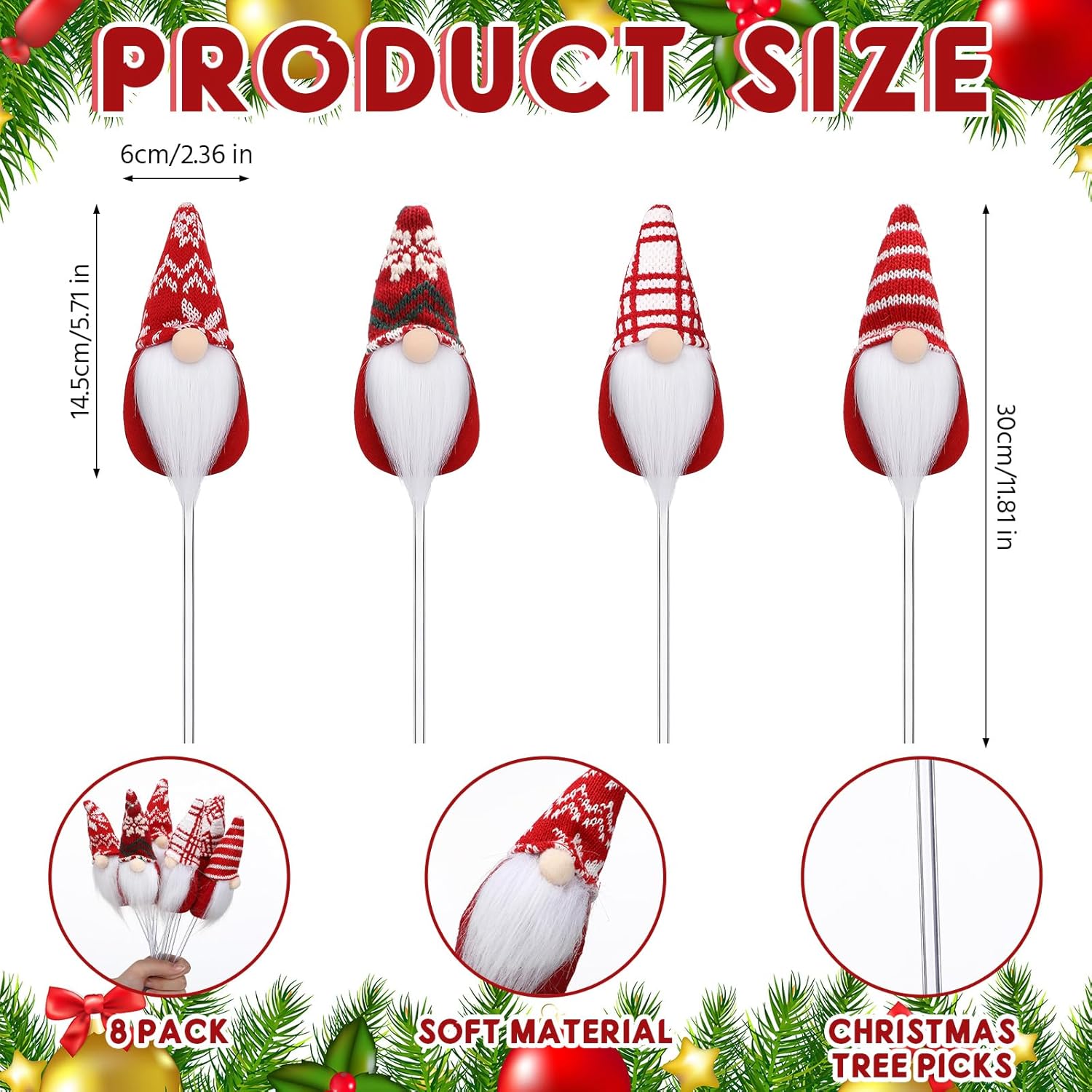 Jenaai 8 Pcs Gnomes Christmas Tree Picks Plush Gnomes Santa Elf Christmas Sticks Xmas Tree Filler Decorations Scandinavian Santa Beard Ornaments for Home Wreath Crafts Vase Filler Holiday Wreath DIY