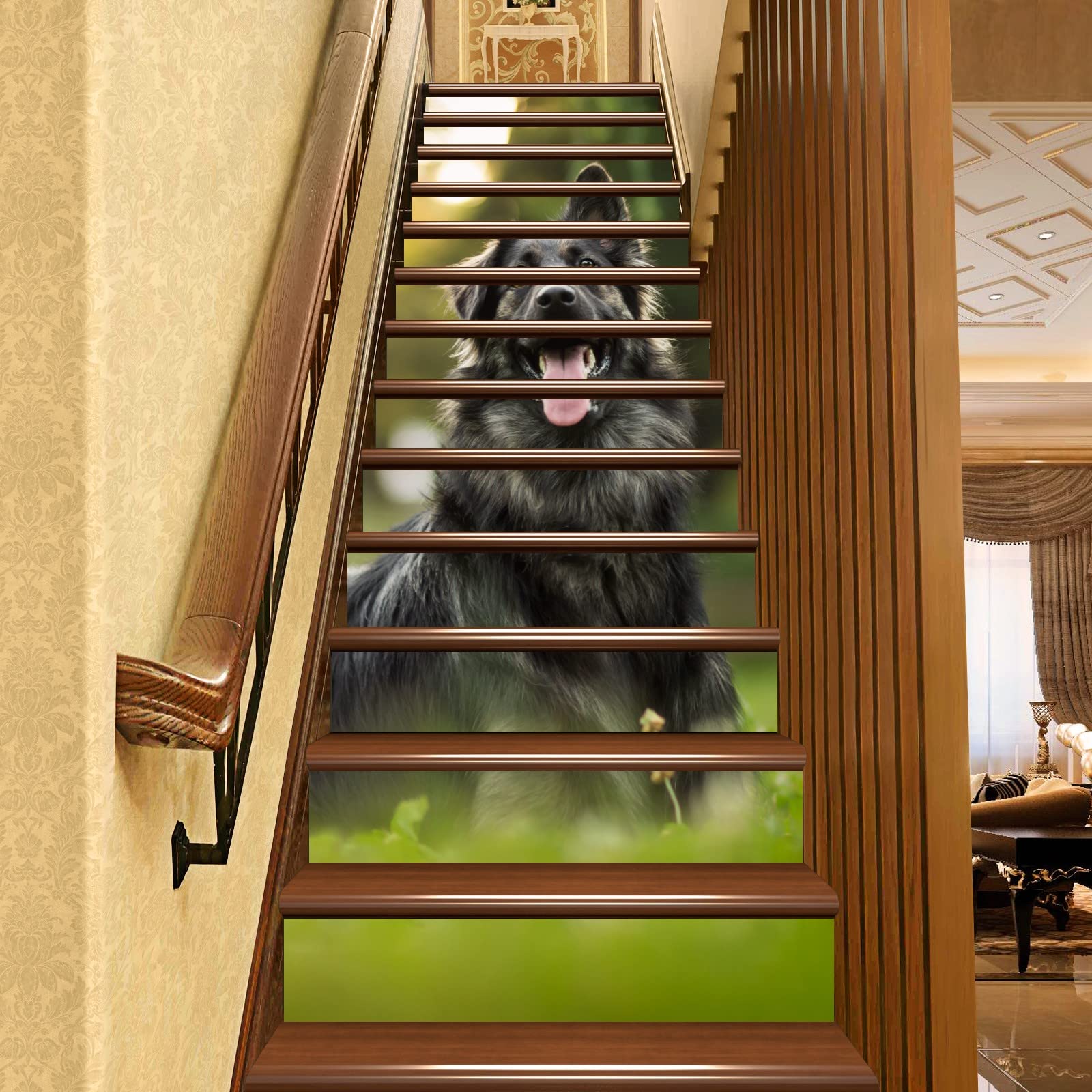 Happy Young Dog German Outdoor Grassland Wall Stair Sticker Self Adhesive Decal 3D Mural Art Home Decoration Peel and Stick 7.1x39.4 13Pcs/Set