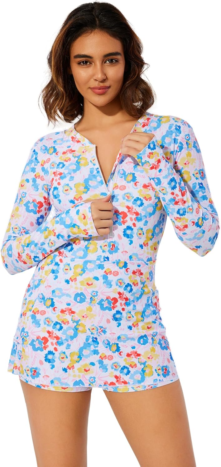 Long Sleeve Swimsuits for Women Rash Guard Swim Dress Modest Bathing Suit Swim Romper with Built in Bra and Pockets