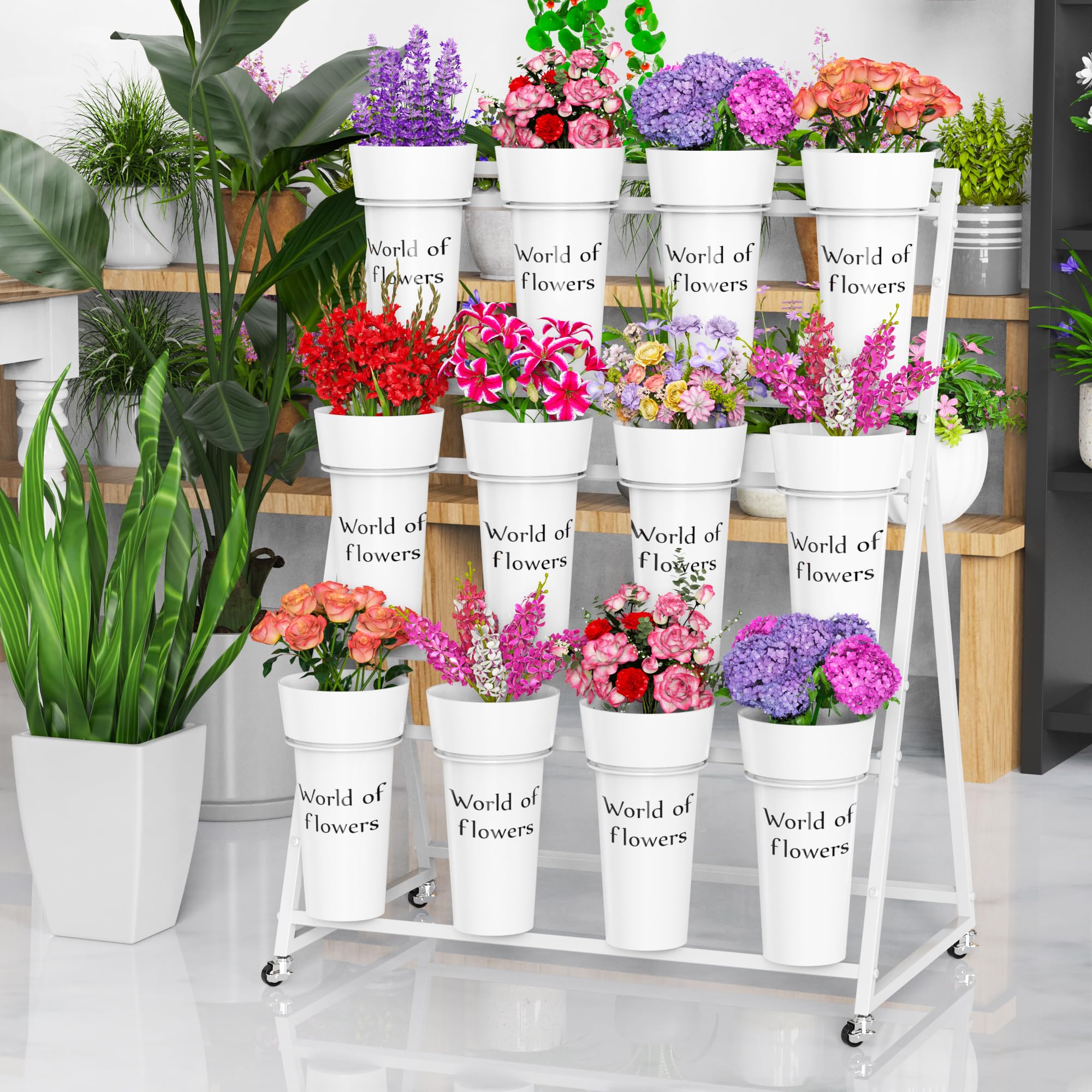 VGMiu Flower Display Stand with 12 Buckets, White Flower Cart with