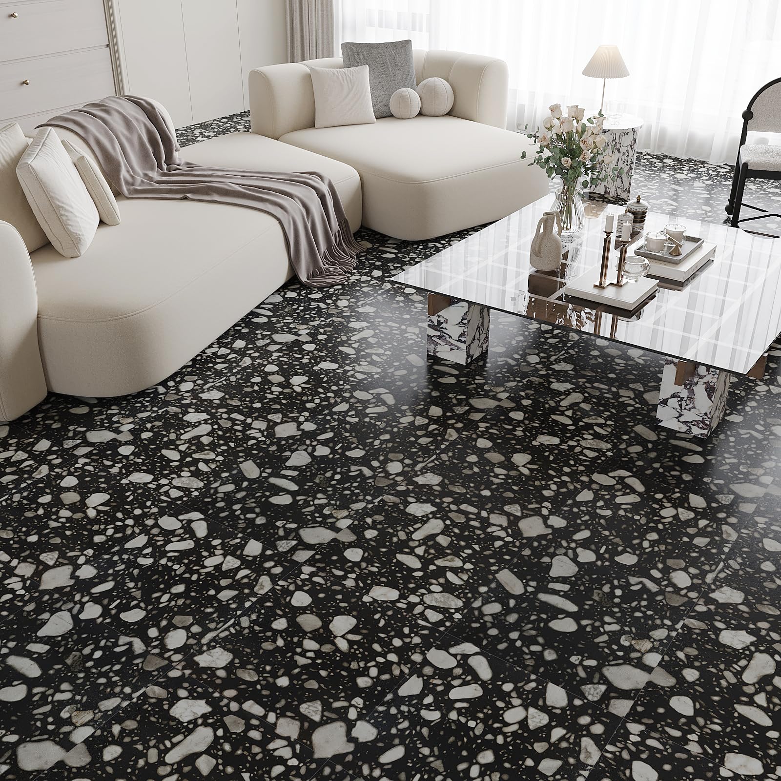 VEELIKE PVC Bodenbelag Terrazzo Schwarz PVC Fliesen Selbstklebend Vinylboden Granit Schwarz Fliesenaufkleber Bodenfliesen Küchen PVC Fliesen Garage Wohnzimmer Schlafzimmer 1.5mm 30cm×30cm 24 Stück
