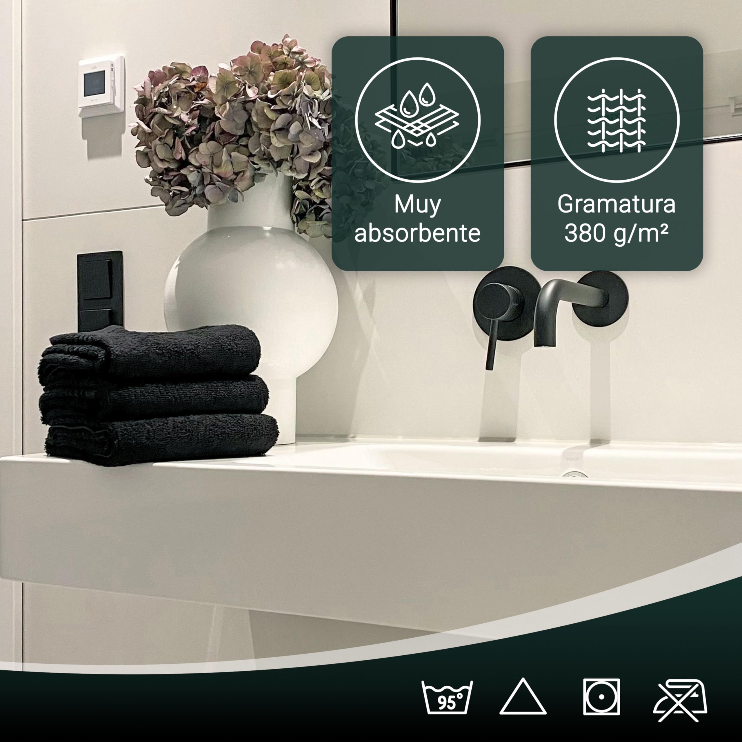 ZOLLNER Juego de 10 Toallas para huéspedes en 30x50 cm - Toallas absorbentes en Negro - con práctica Percha - con Tres Modernas Rayas de Tiro - Lavables hasta 95°C - algodón - Calidad hotelera