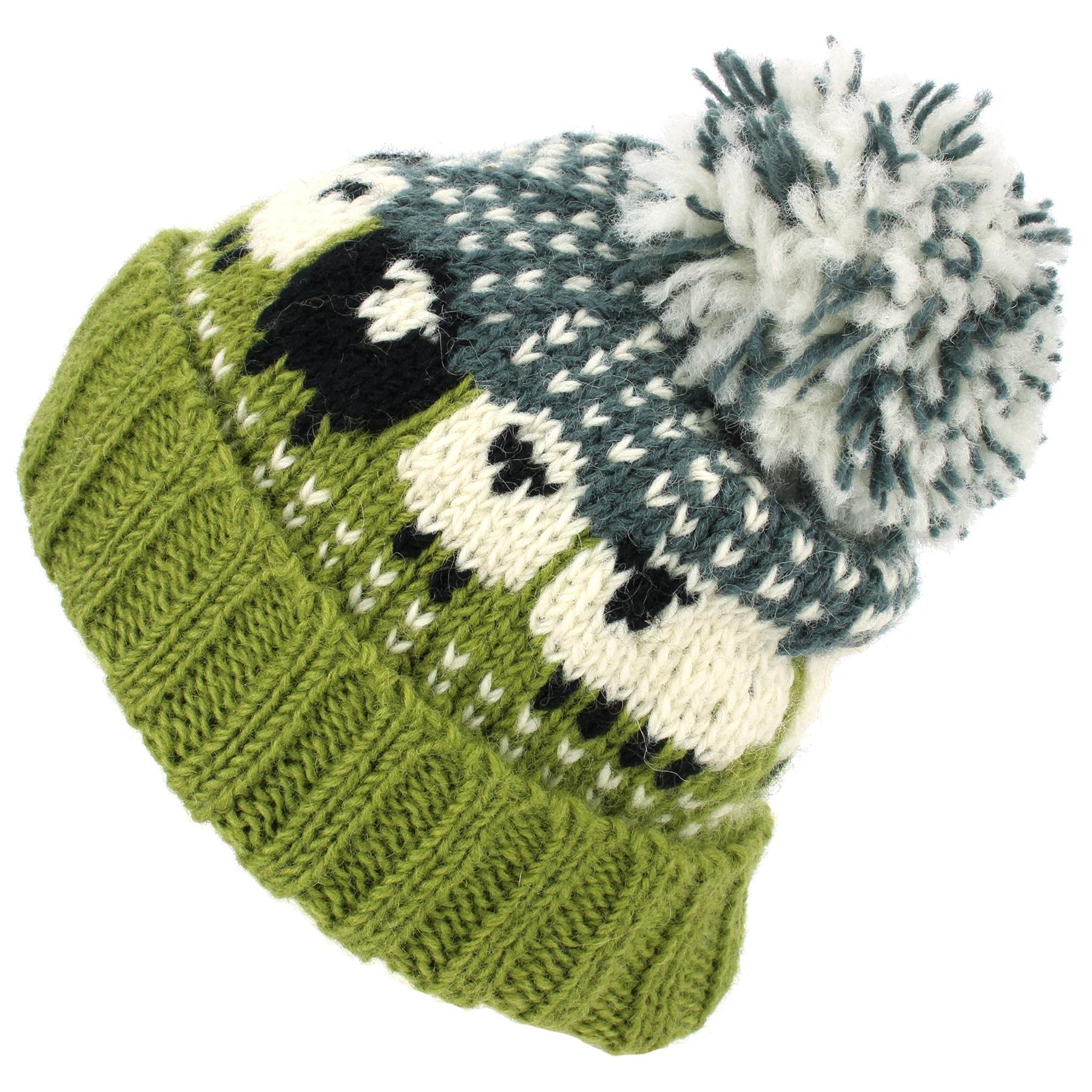 Loudelephant Green Chunky Wool Knit Beanie Bobble Hat With Sheep Design
