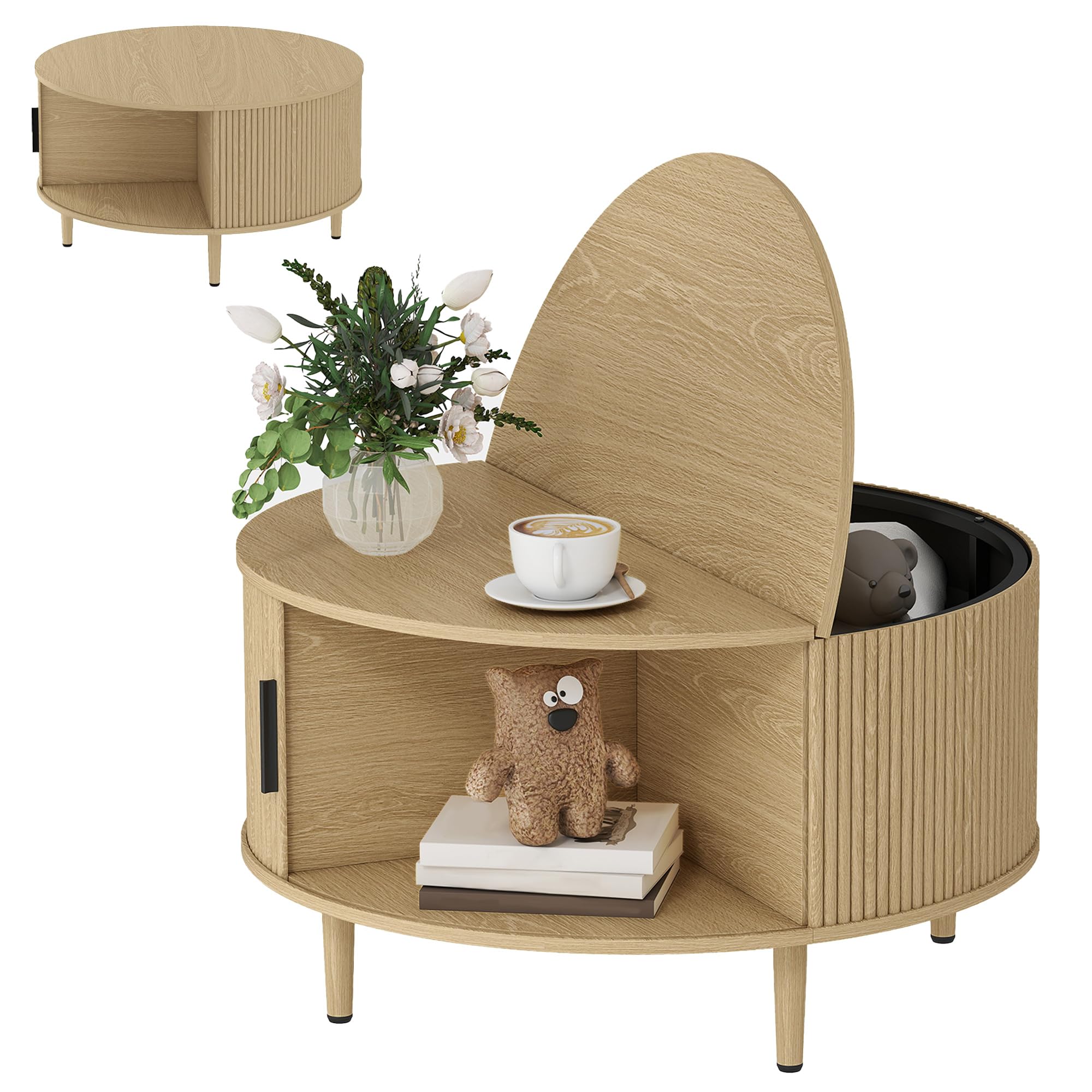HOMCOM Tavolino rotondo contenitore, 80 cm centro moderno, Naturale