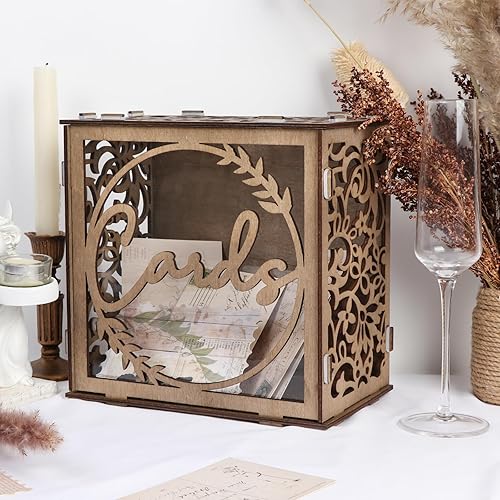 Caja de madera para tarjetas de boda para recepción, soporte rústico para tarjetas de regalo con ranura y ventana acrílica, caja de tarjeta de