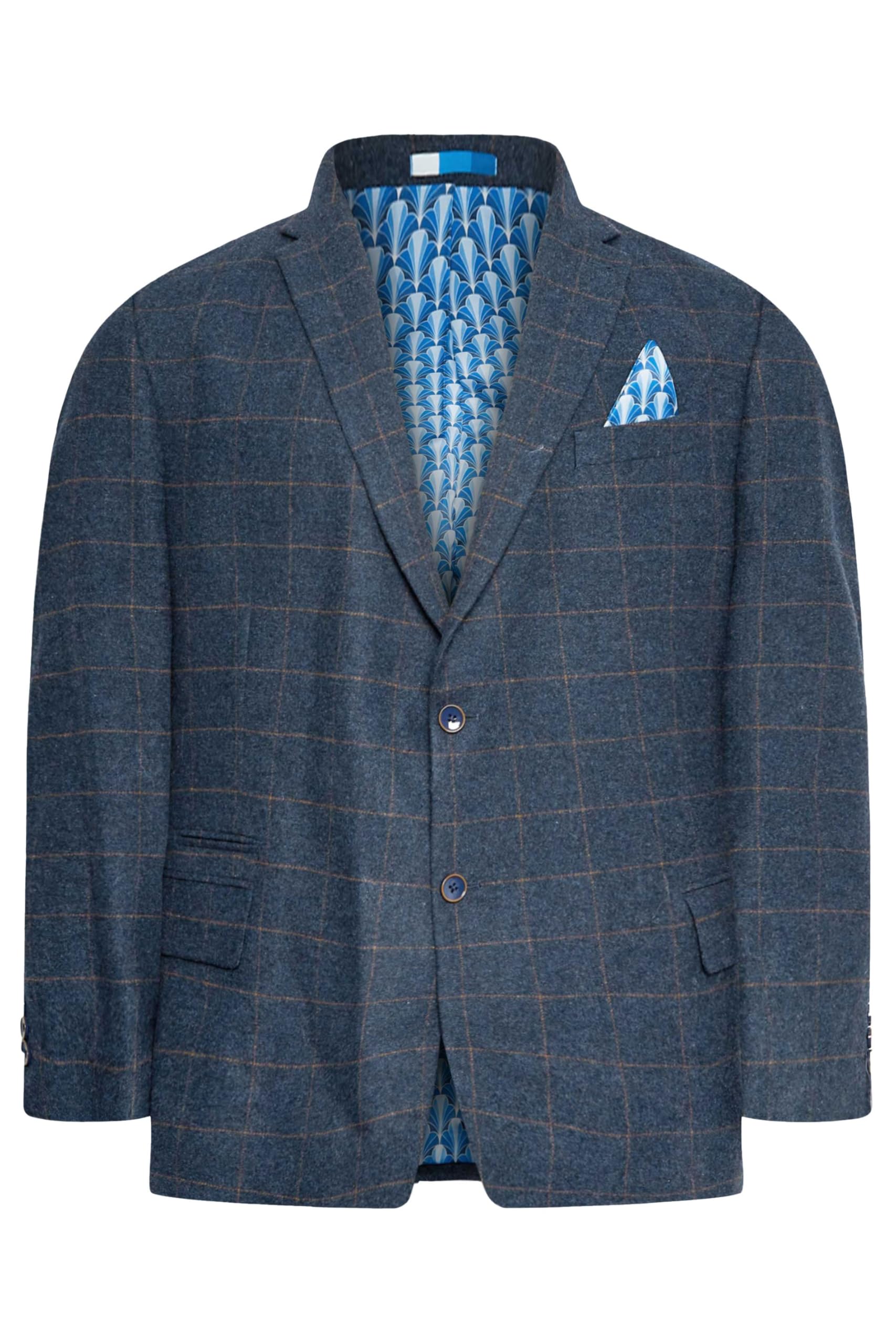 Badrhino Men's Blue Tailoring Big & Tall Tweed Check Wool Mix Suit Jacket - Plus Size Curve