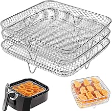 Air Fryer Racks, Three Layer Stackable Dehydrator Racks Fit for 5.8QT Air Fryer and 7.5L-8L Square Air Fryer, Stainless Steel Square Air Fryer Basket Tray Air Fryer Accessories(Size:7.9*7.9*3.5inch)