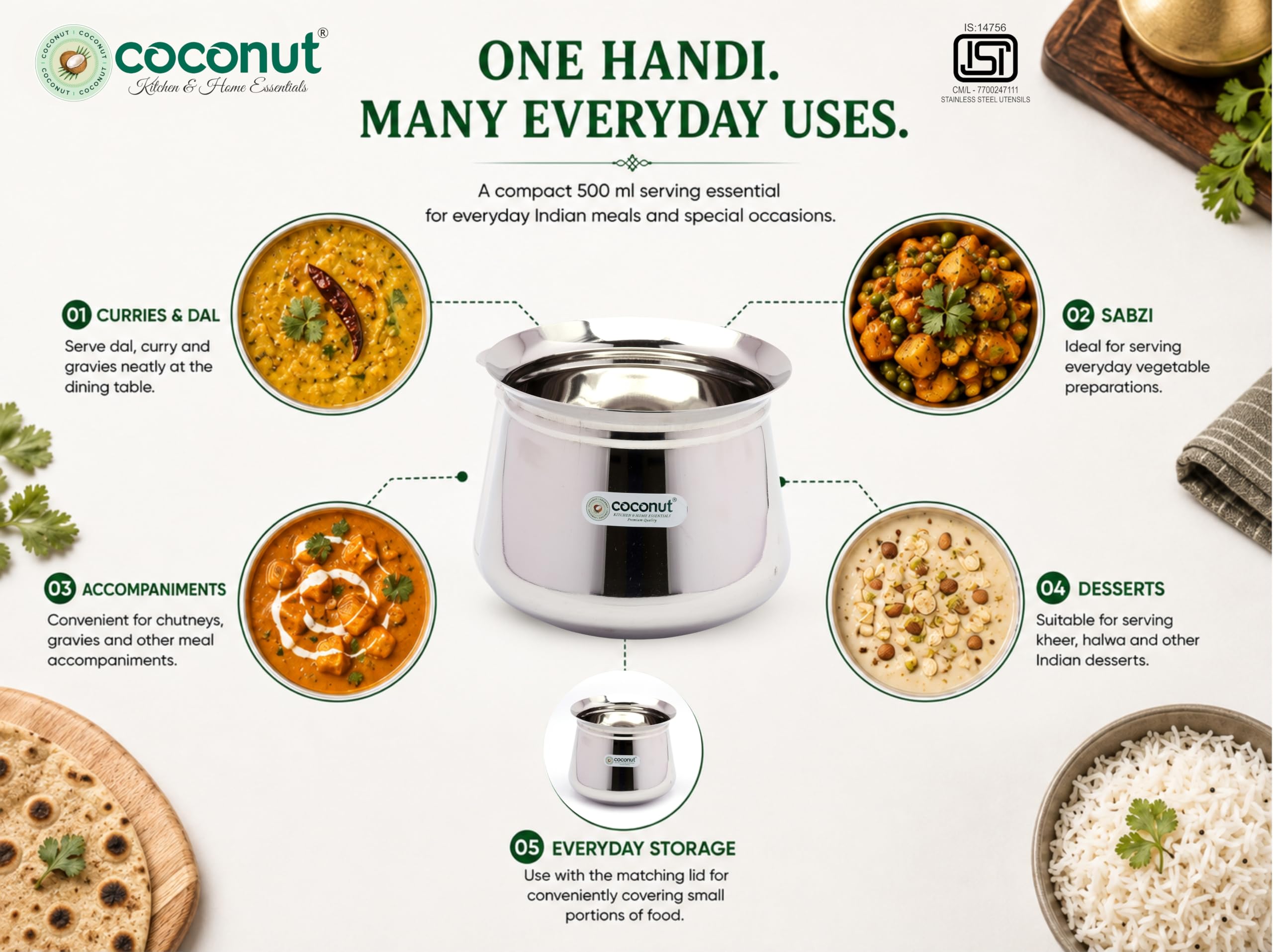 Coconut Stainless Steel Handi - 2000ml -5