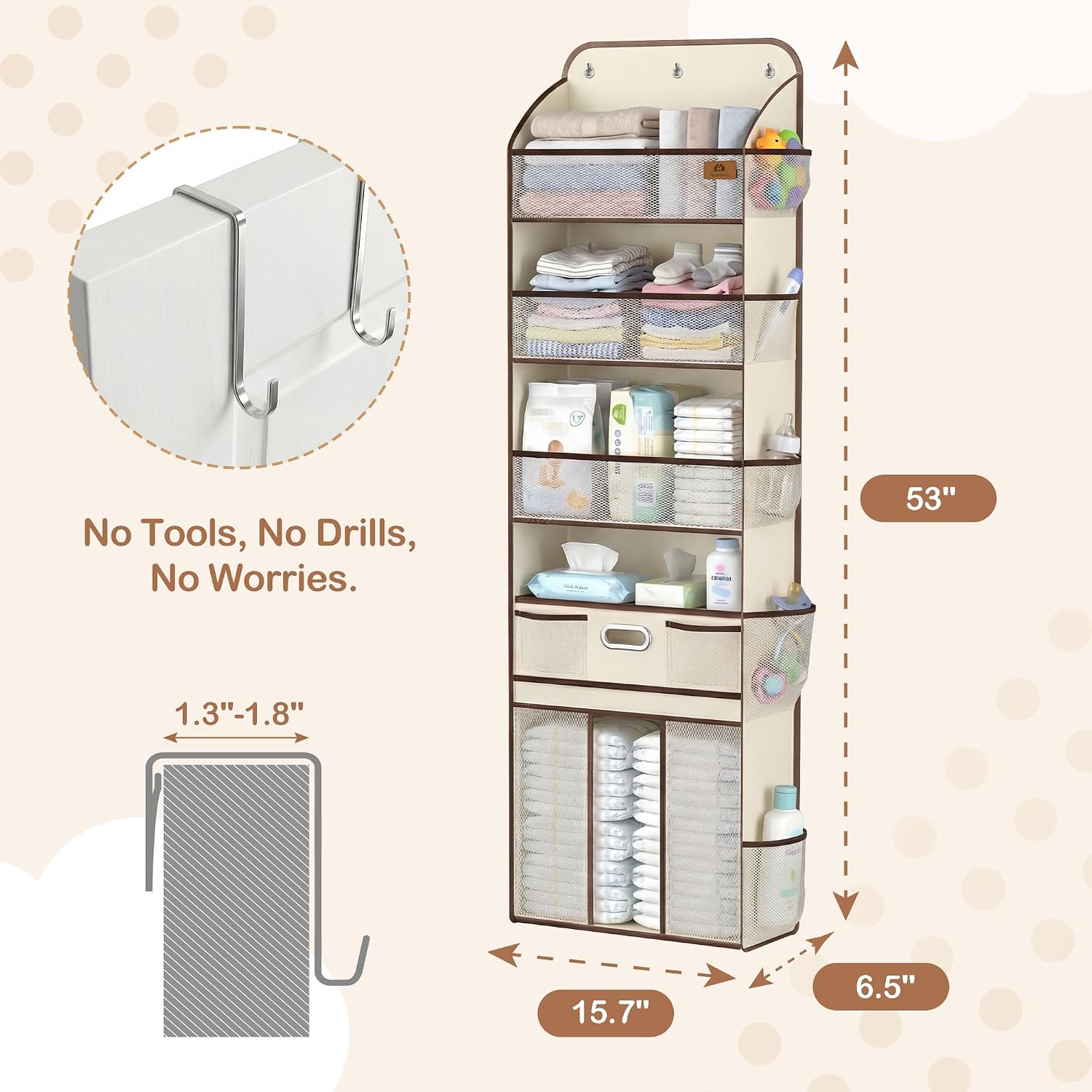 Baby Nursery Over The Door Organizer – 5-Tier 10 Pocket Hanging Storage with Removable Diaper Caddy & 3 Sturdy Hooks, 55LBS Capacity Baby Essentials Holder for Bathroom Bedroom Closet, Beige