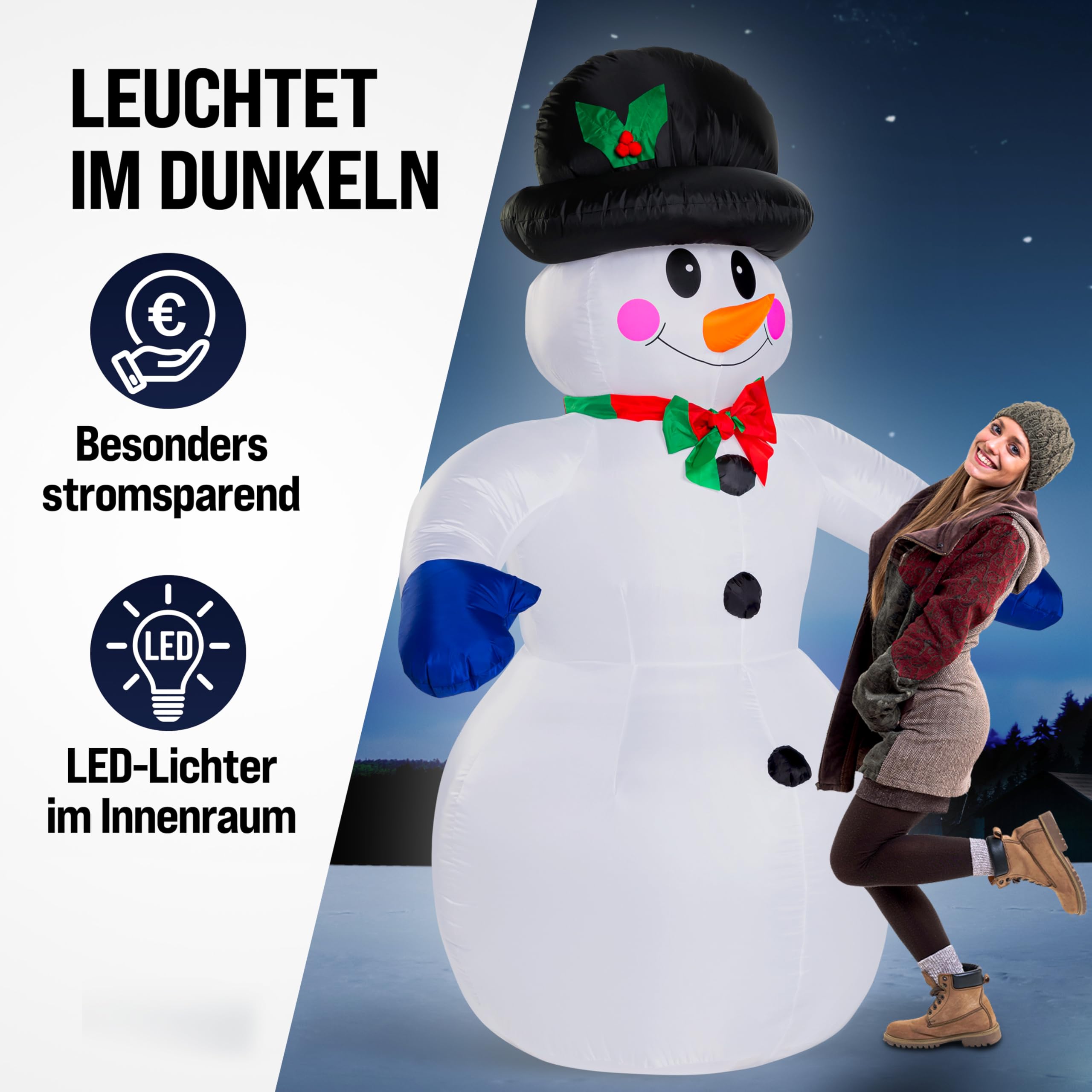 MONZANA® Aufblasbarer Schneemann XXL 240cm LED Beleuchtet Befestigungsmaterial IP44 Außen Witterungsbeständig Weihnachtsdeko Weihnachtsfigur Christmas