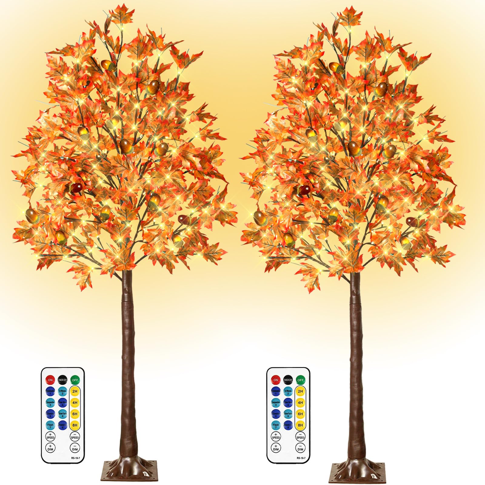 2 Pack 6Ft 130 LED Fall Prelit Maple Tree Thanksgiving Decor, Dimmable Timing 8 Flashing Modes Autumn Artificial Tree with 14Acorns for Home Indoor Outdoor Thanksgiving Harvest Halloween Decorations