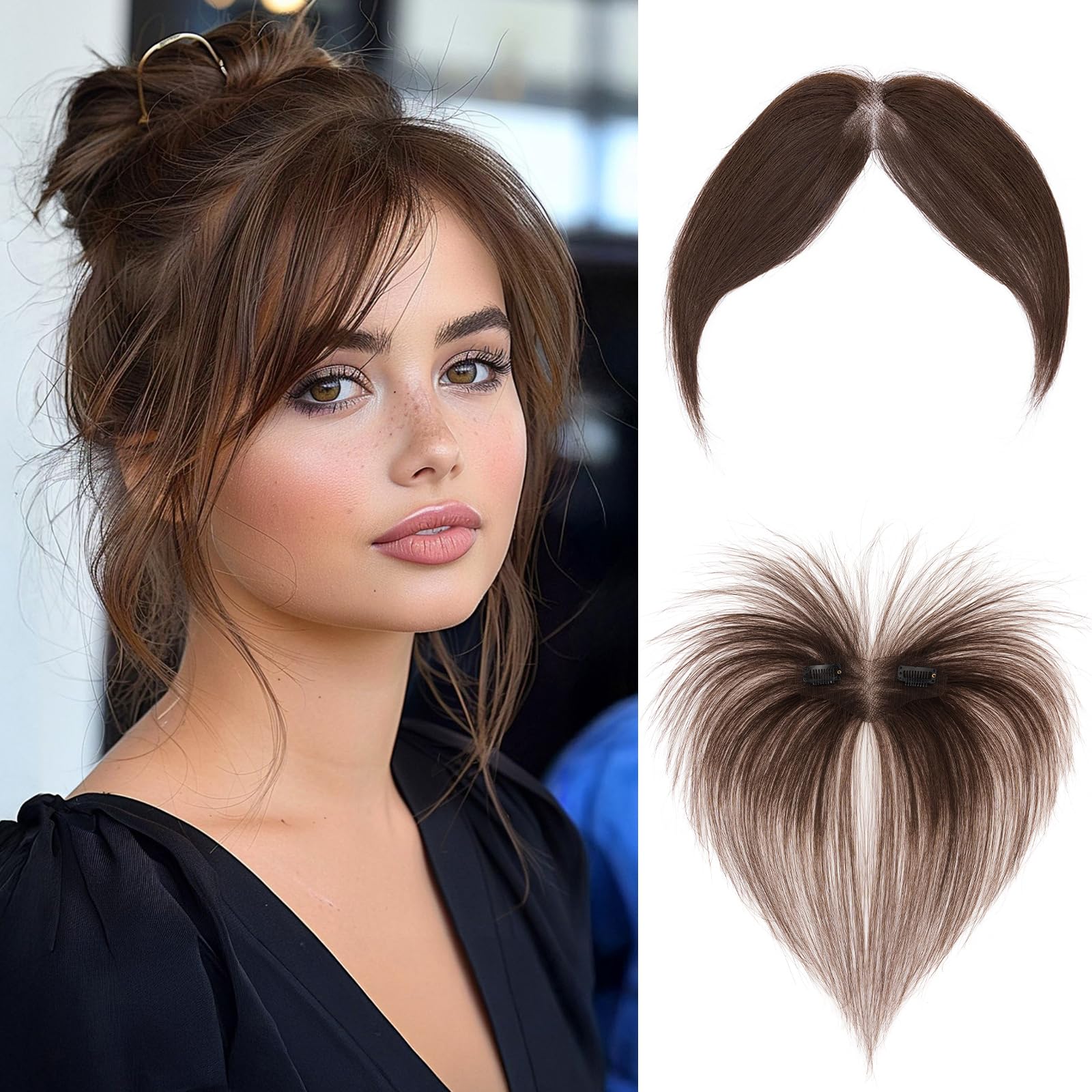MY-LADY Frange à Clips Cheveux Naturels 100% Cheveux Humains Remy, Postiche Extension Cheveux Frange pour Femmes (Brun Moka)