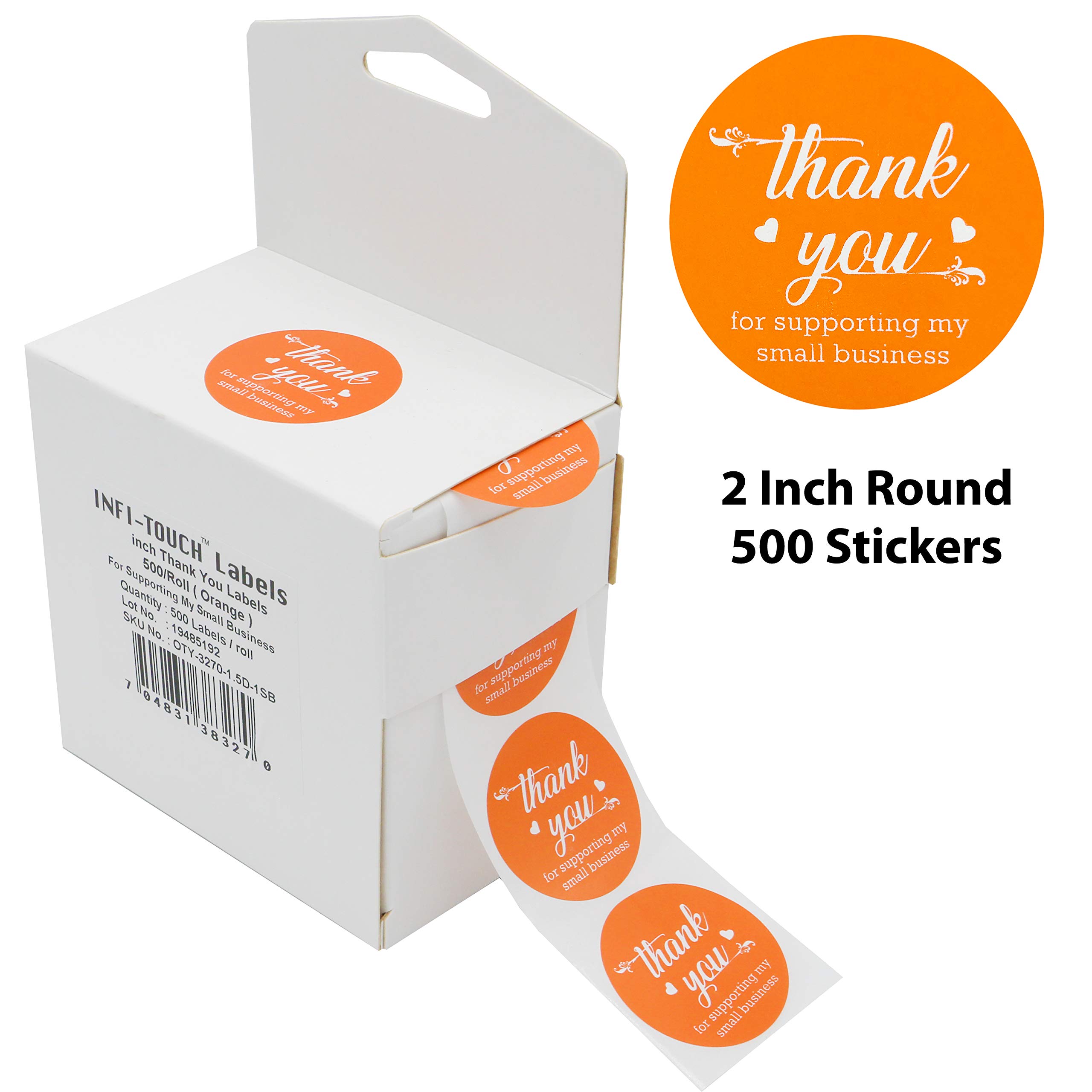 2.0 inch Round Orange | Thank You for Supporting My Small Business | Stickers - 500 Labels Per Roll Easy Peel Dispenser Box.