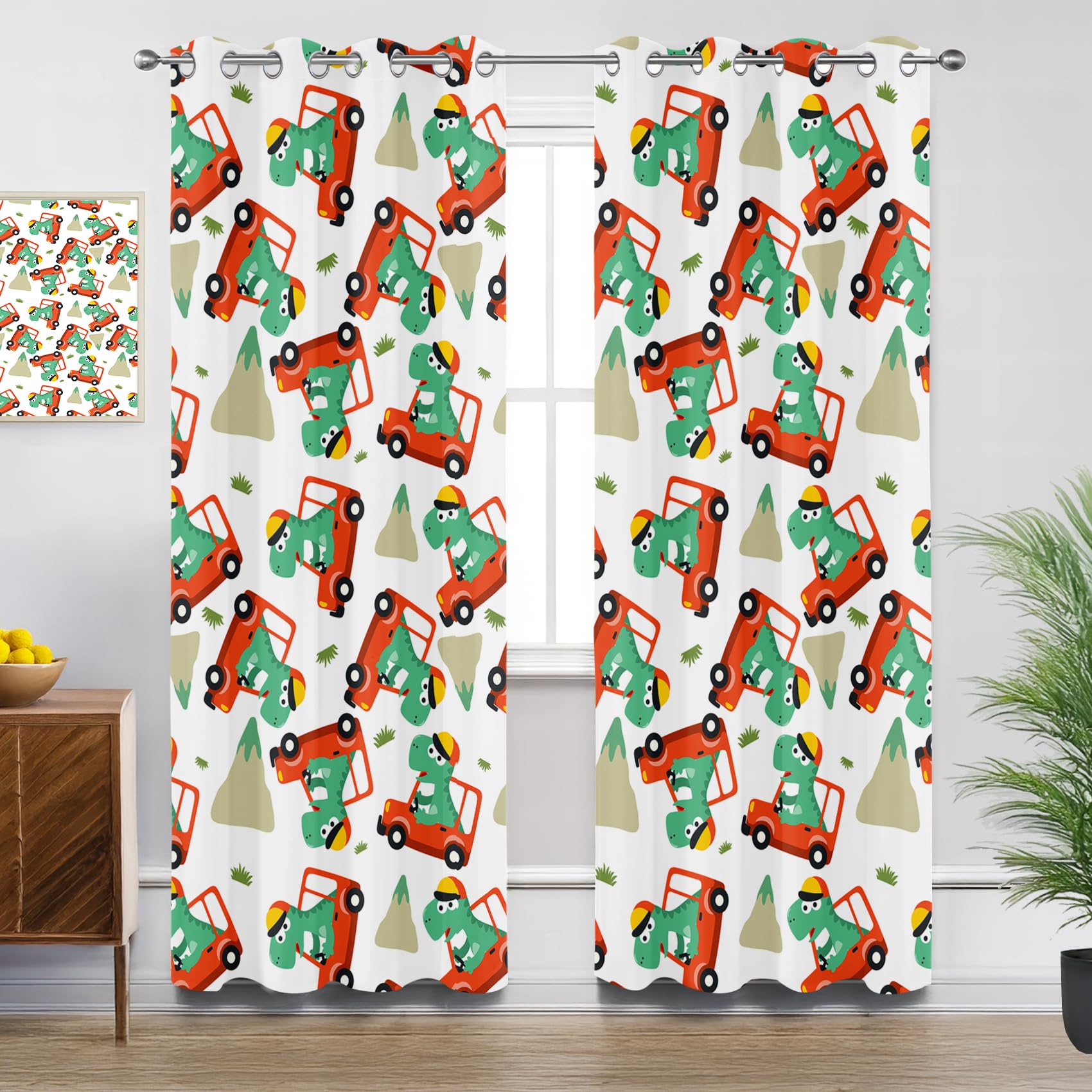 Mistela Nursery Curtains for Living Room, Cute Cartoon Dinosaur Blackout Curtains Thermal Insulated Bedroom Curtain Eyelet, W54 X D90, 2 Panels Drapes House Decorations