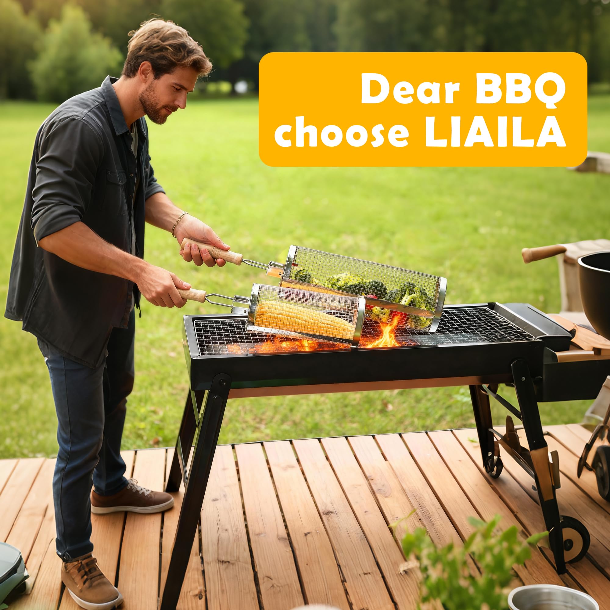Cestello Rotolabile per Barbecue 7 Pezzi,Acciaio Inox 304 con Manico Rimovibile,Kit Barbecue e Accessori barbecue per Verdure Carne Pesce,Griglia per Barbecue BBQ Esterno Campeggio Cucina,Regalo Uomo