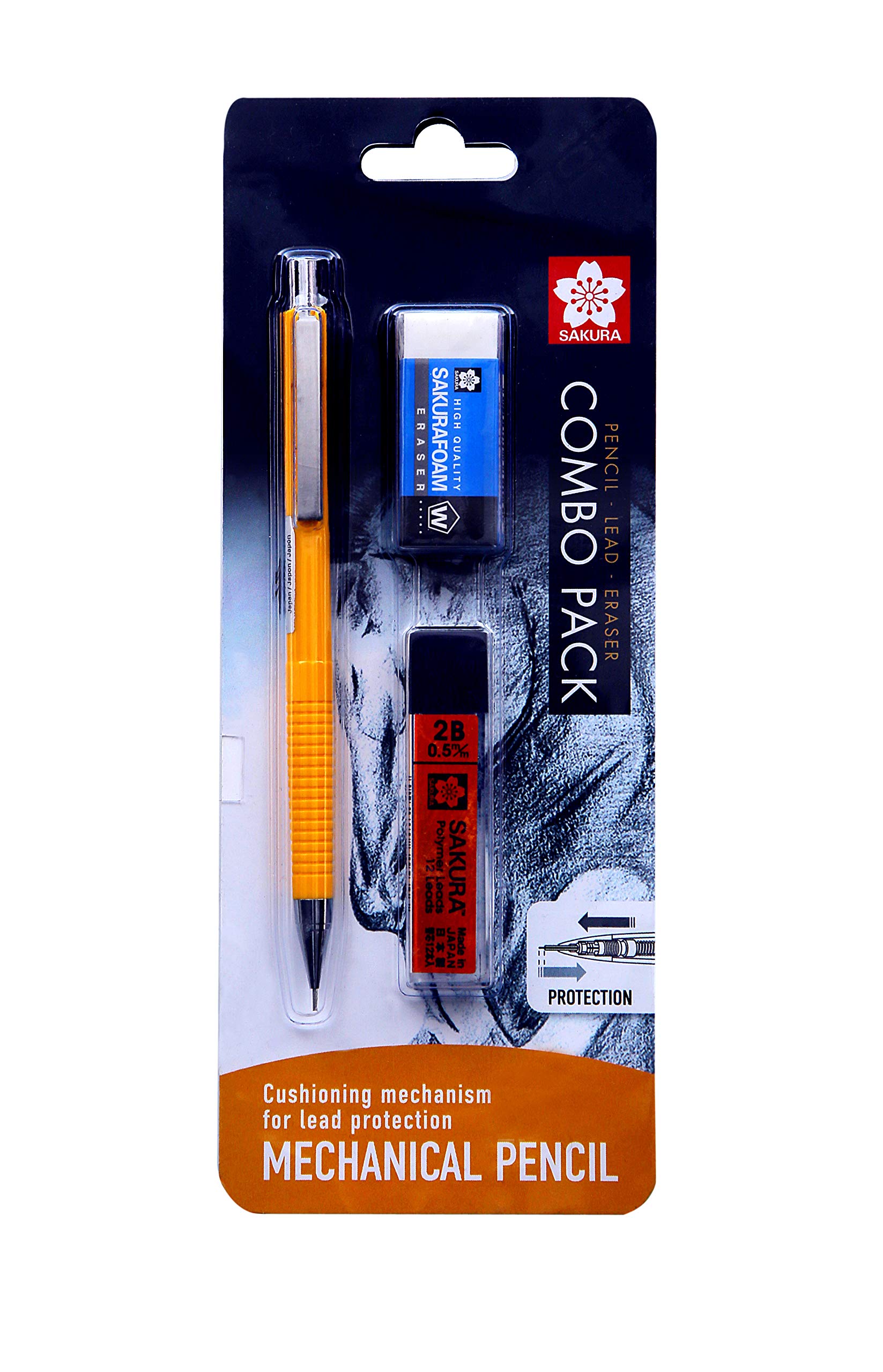 Sakura Cushioning Point Mechanical Pencil Starter set with lead refill and foam eraser, (2B, 0.5) Yellow body-image-34