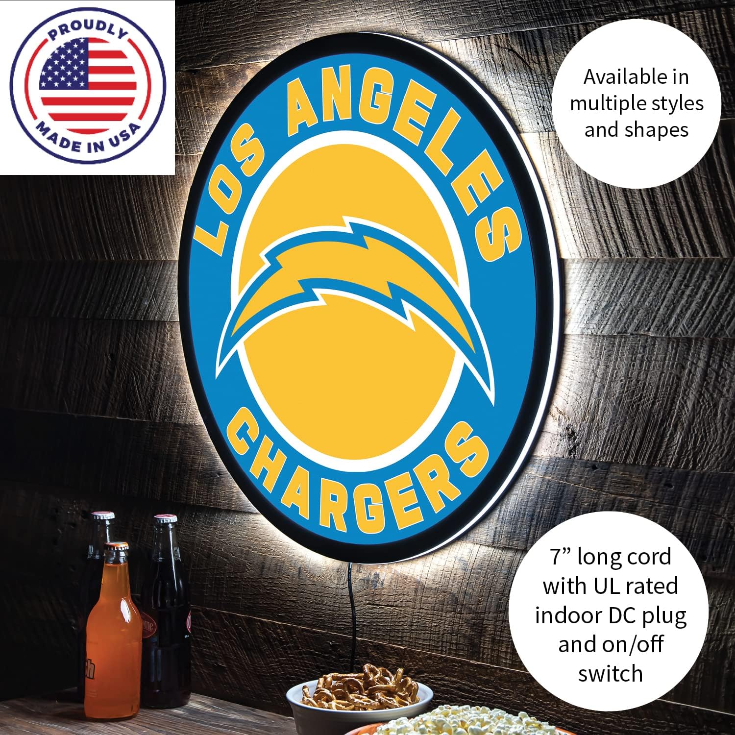 Team Sports America Evergreen NFL Los Angeles Chargers | Ultra-Thin LED Light Wall Sign Decor | 23 Inch Round | Made in the USA